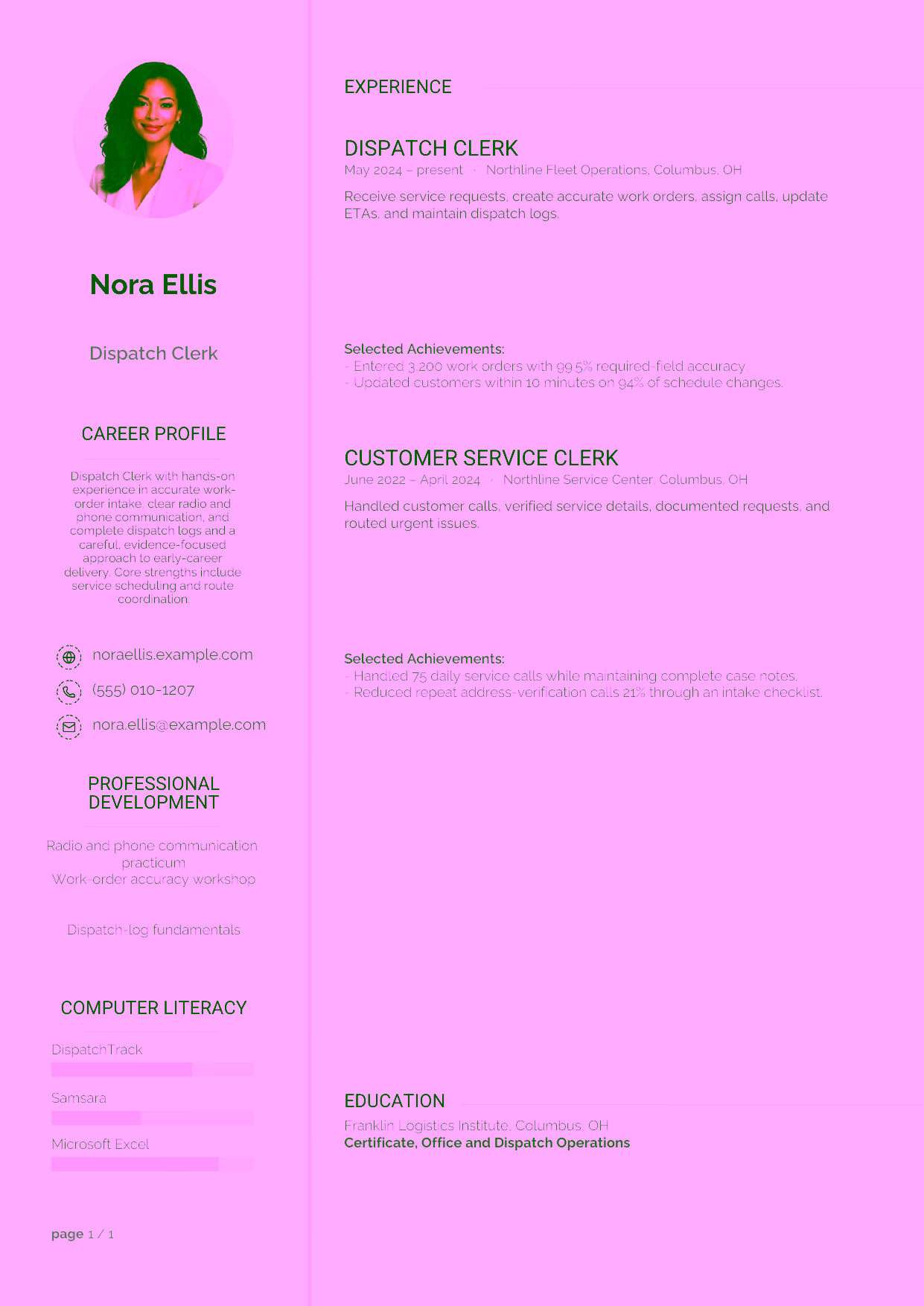 Entry-level Dispatch Clerk resume example in the Synnove template focused on accurate work-order intake, clear radio and phone communication, and complete dispatch logs.