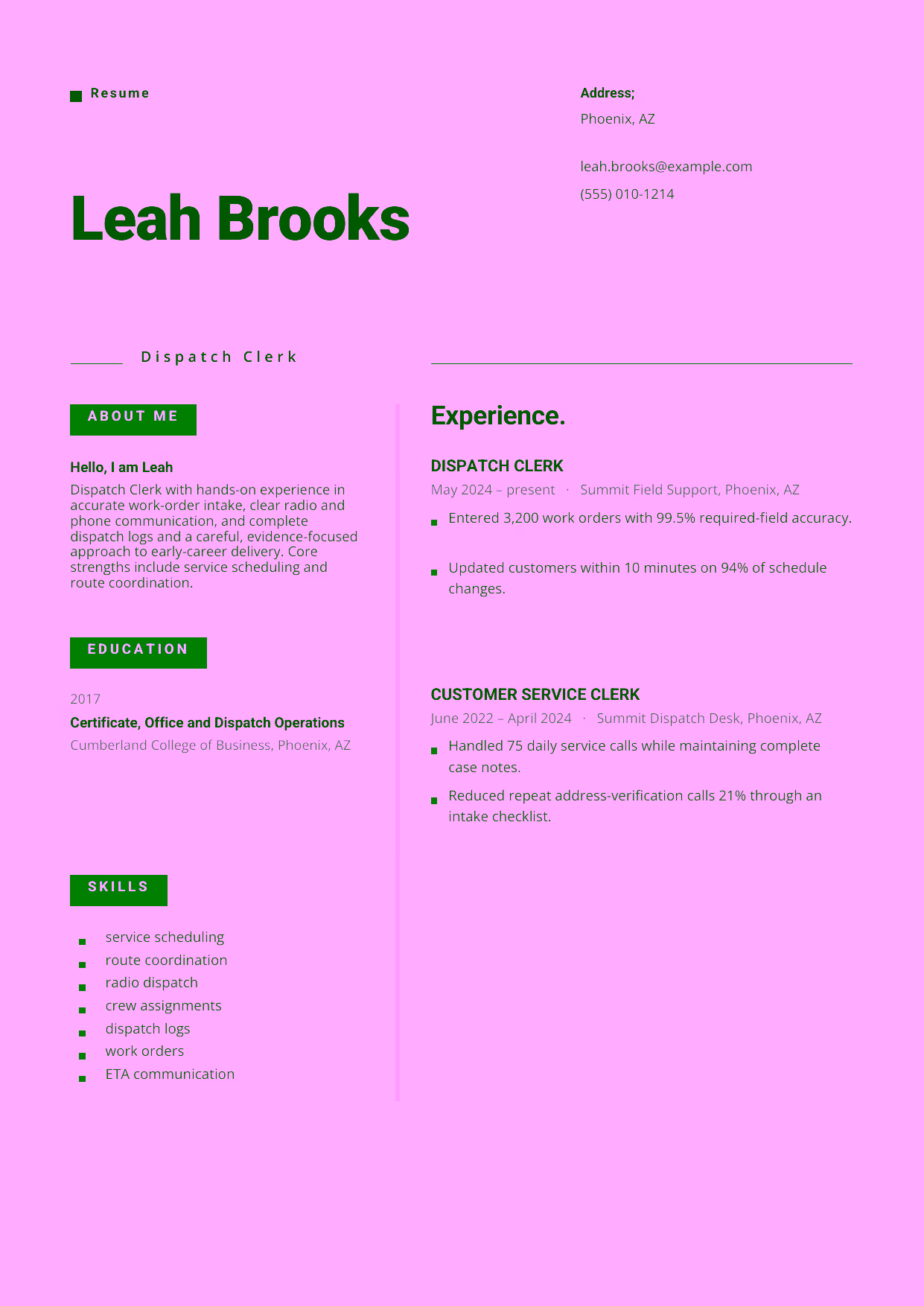 Entry-level Dispatch Clerk resume example in the Indus template focused on accurate work-order intake, clear radio and phone communication, and complete dispatch logs.