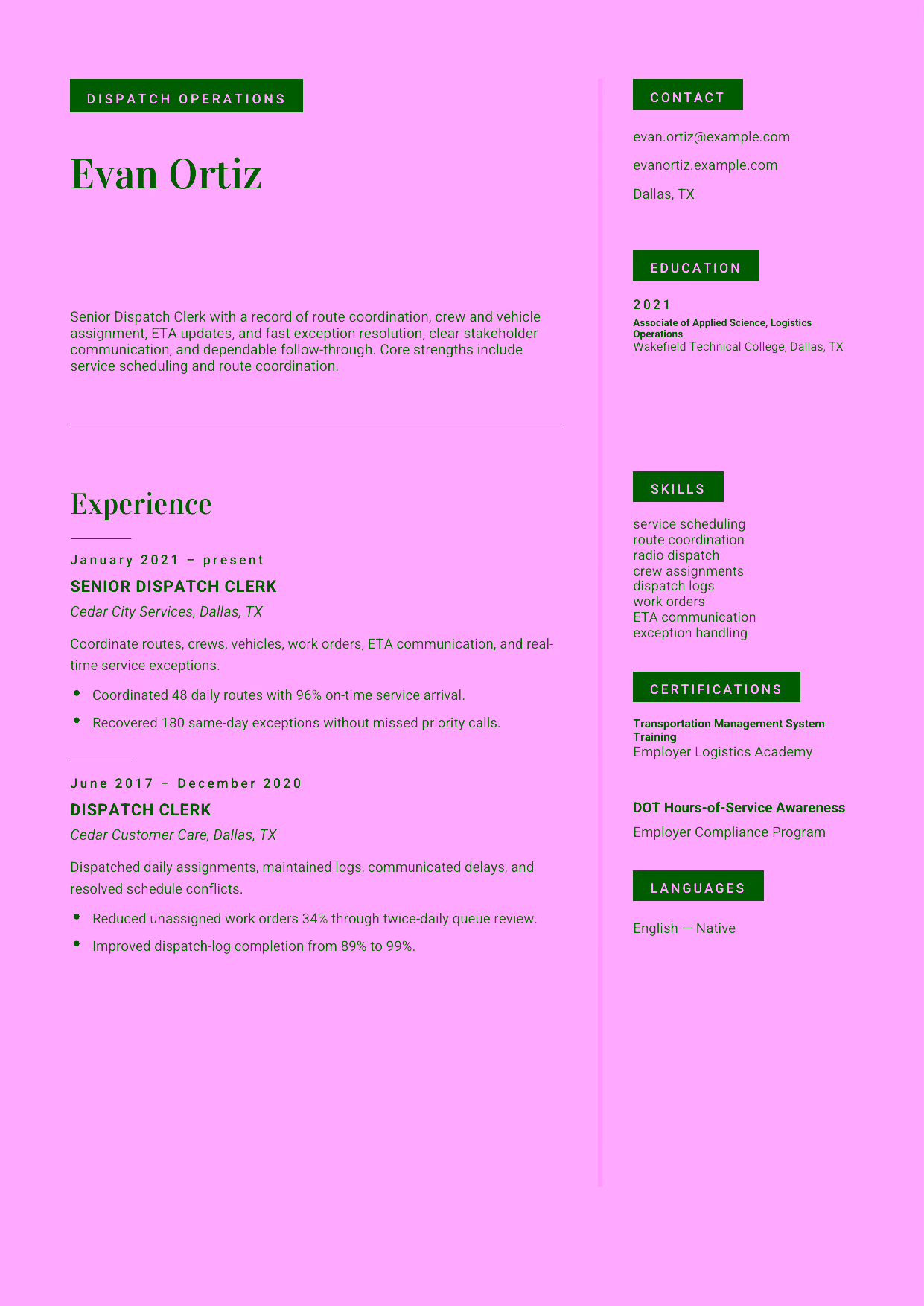 Mid-level Senior Dispatch Clerk resume example in the Aquila template focused on route coordination, crew and vehicle assignment, ETA updates, and fast exception resolution.
