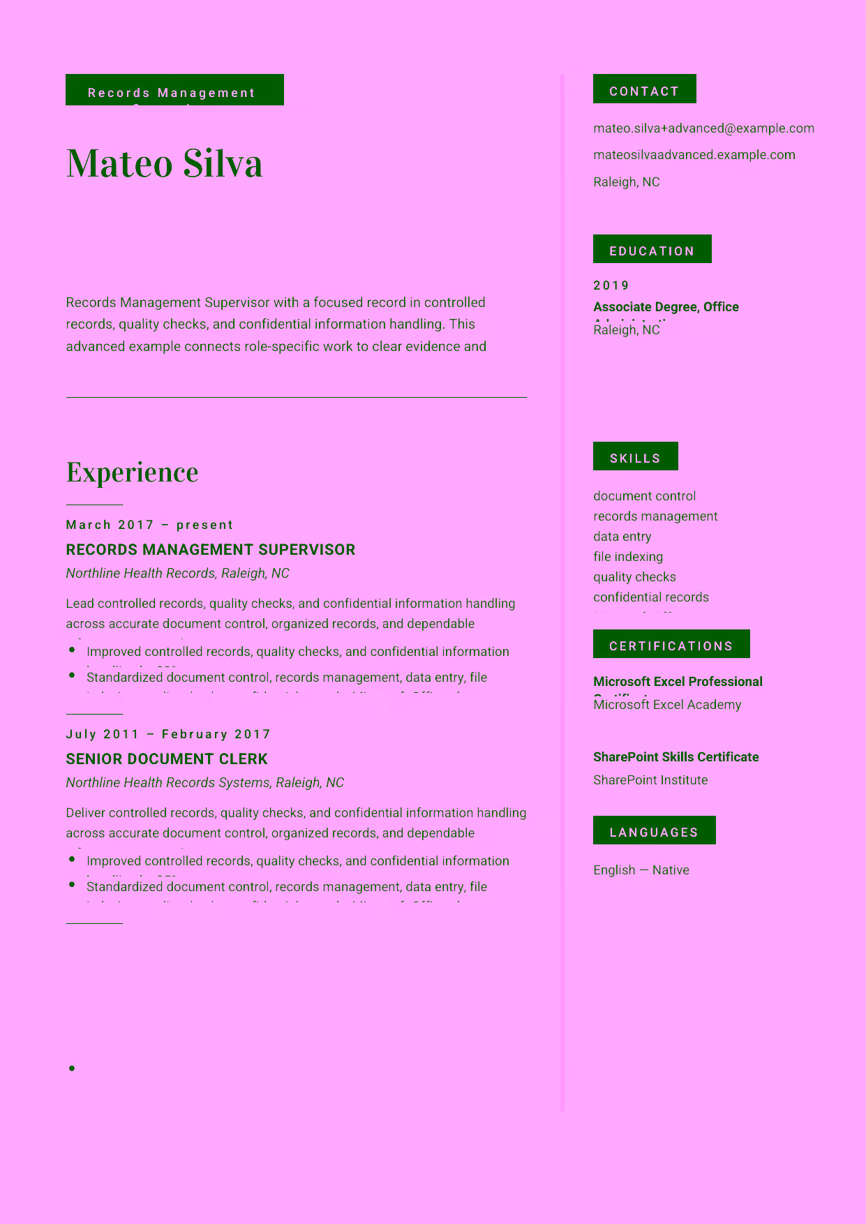 Advanced Records Management Supervisor resume example in the Aquila template focused on records governance, workflow improvement, and document-team leadership.