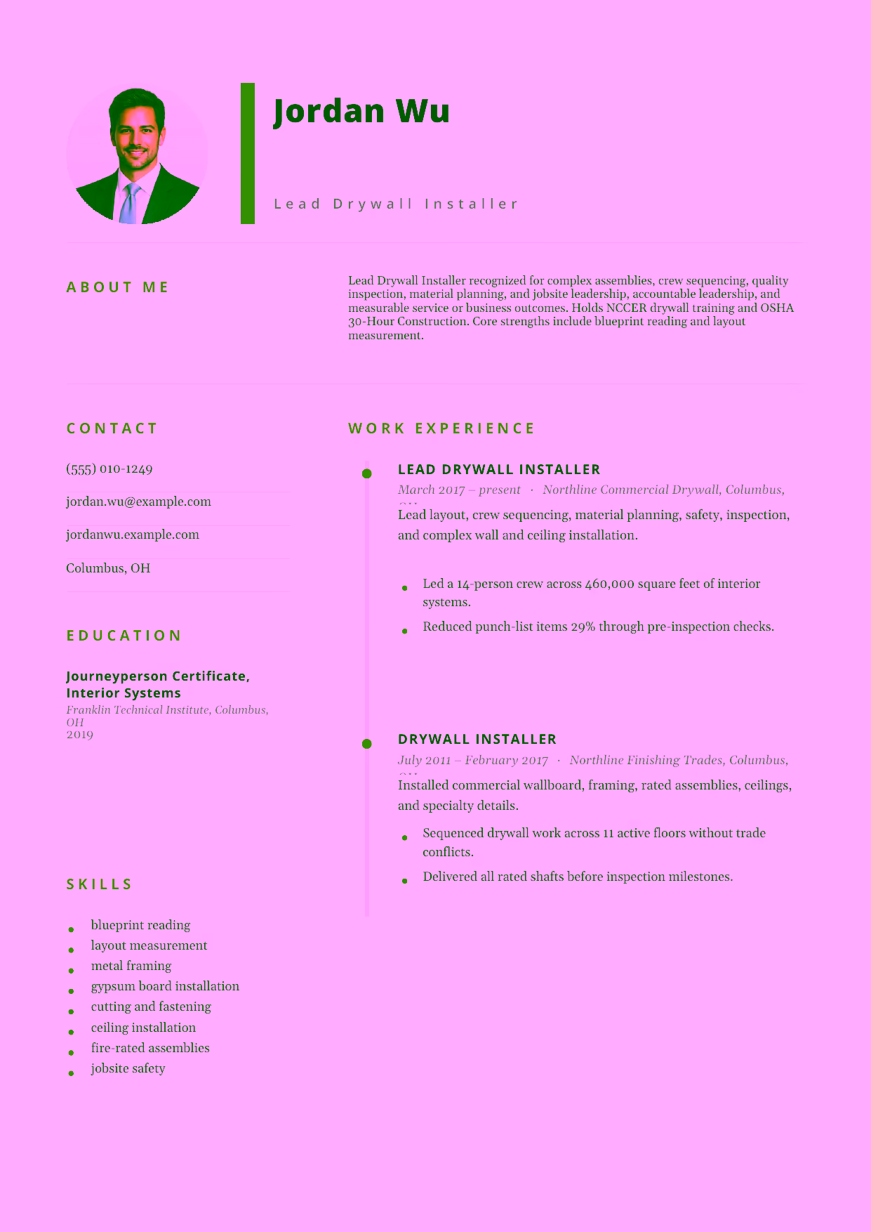 Advanced Lead Drywall Installer resume example in the Pegasus template focused on complex assemblies, crew sequencing, quality inspection, material planning, and jobsite leadership.