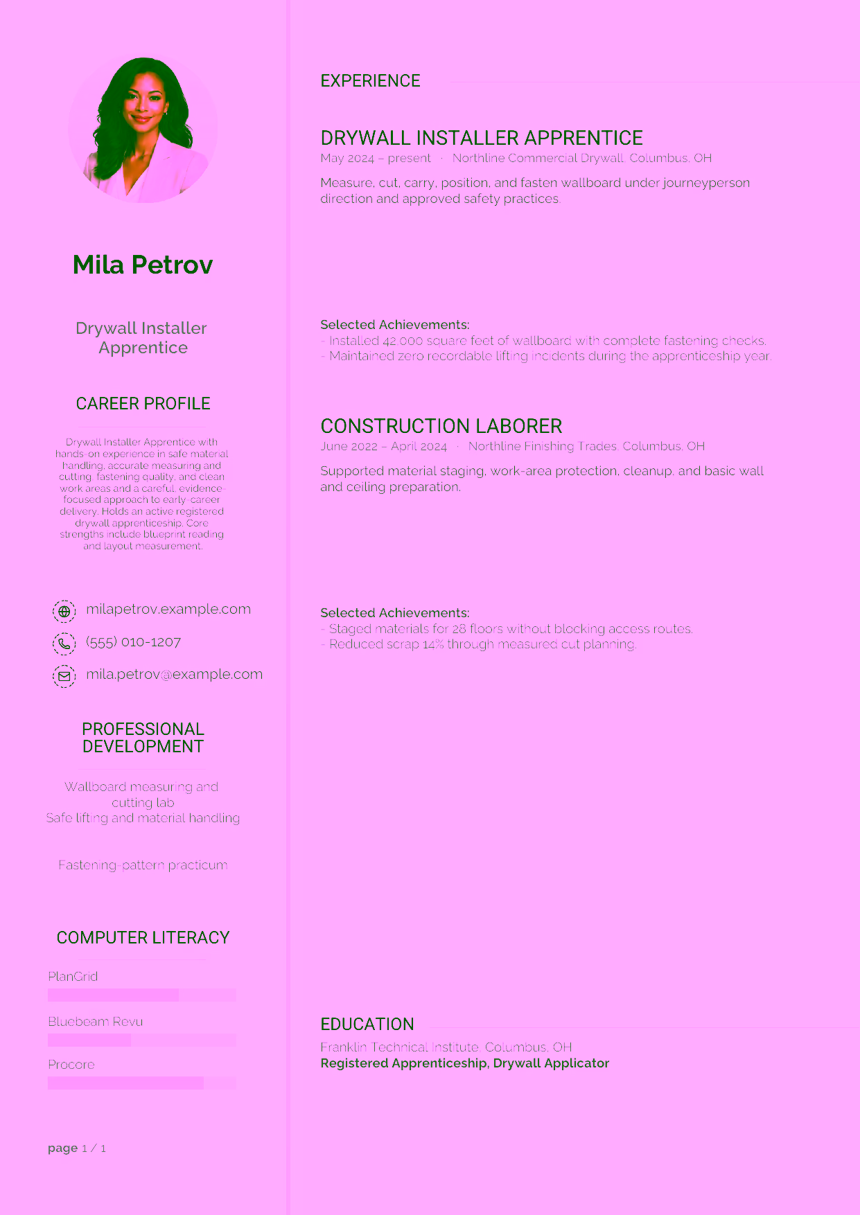 Entry-level Drywall Installer Apprentice resume example in the Synnove template focused on safe material handling, accurate measuring and cutting, fastening quality, and clean work areas.