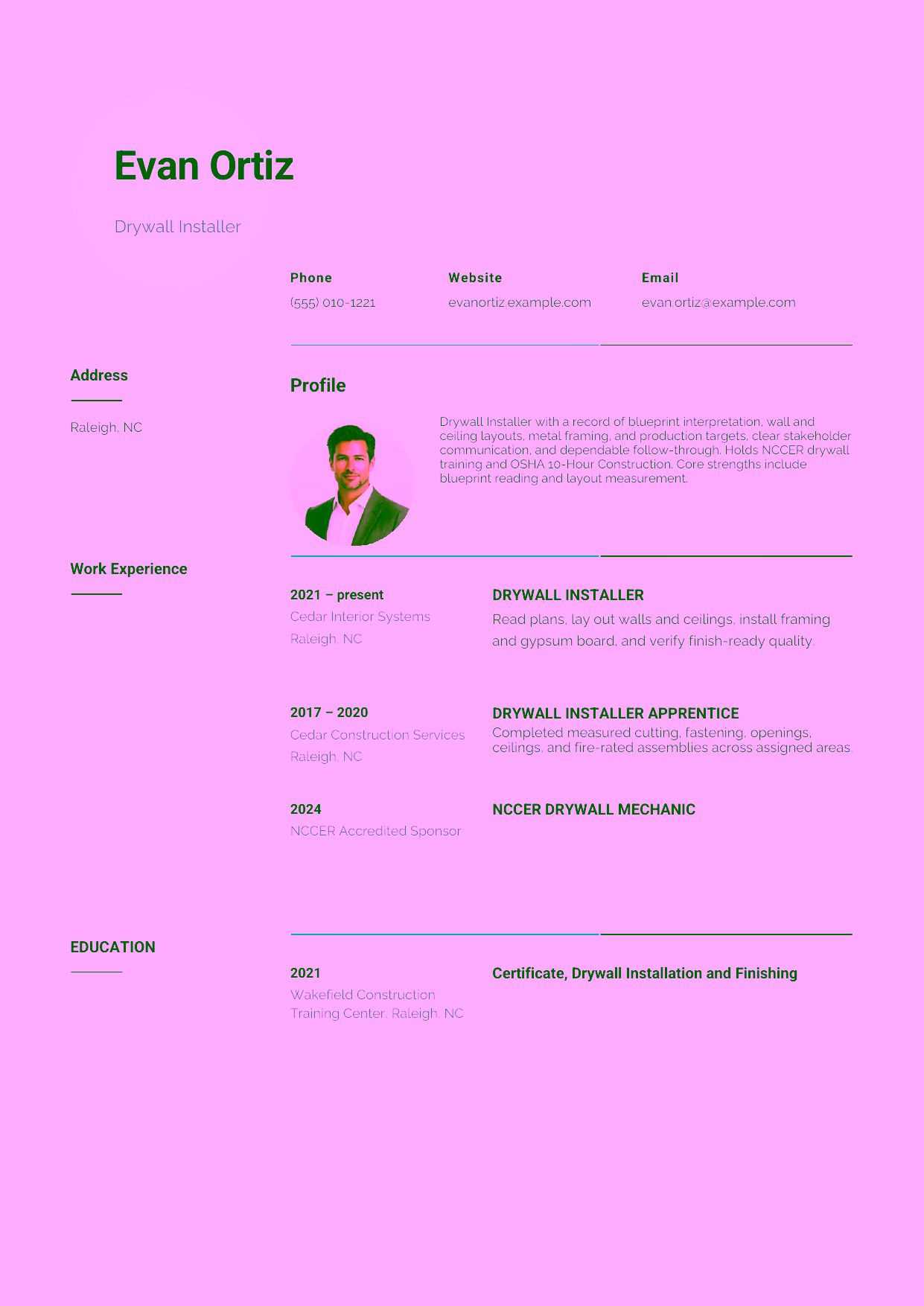 Mid-level Drywall Installer resume example in the Pavo template focused on blueprint interpretation, wall and ceiling layouts, metal framing, and production targets.