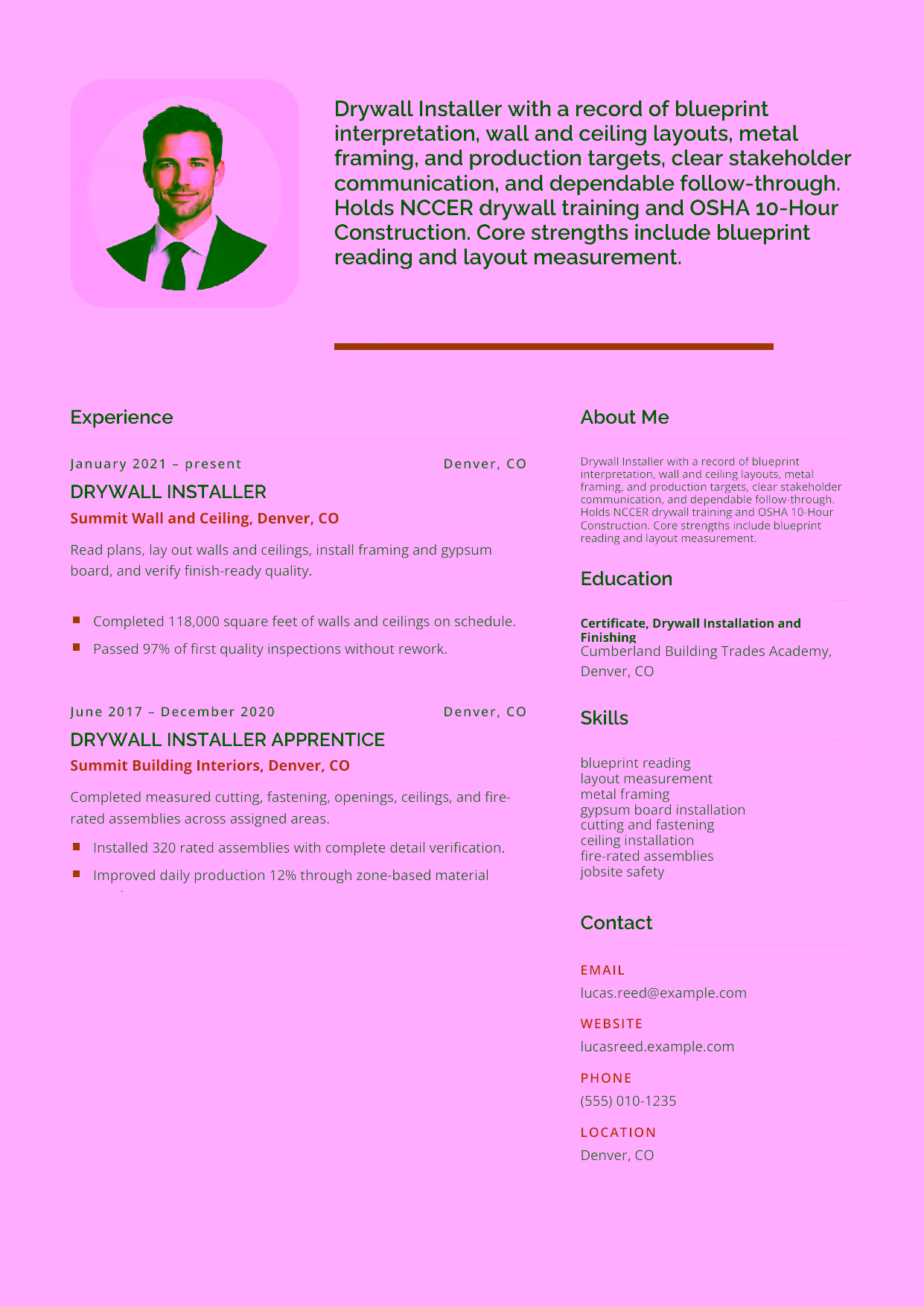 Mid-level Drywall Installer resume example in the Andromeda template focused on blueprint interpretation, wall and ceiling layouts, metal framing, and production targets.