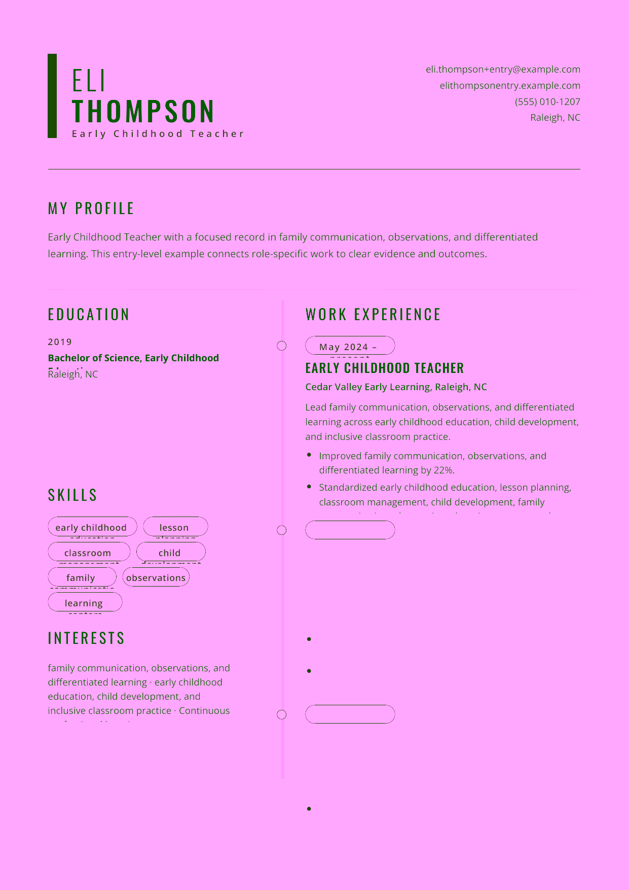 Entry-level Early Childhood Teacher resume example in the Caelum template focused on lesson planning, child development, and safe classroom routines.