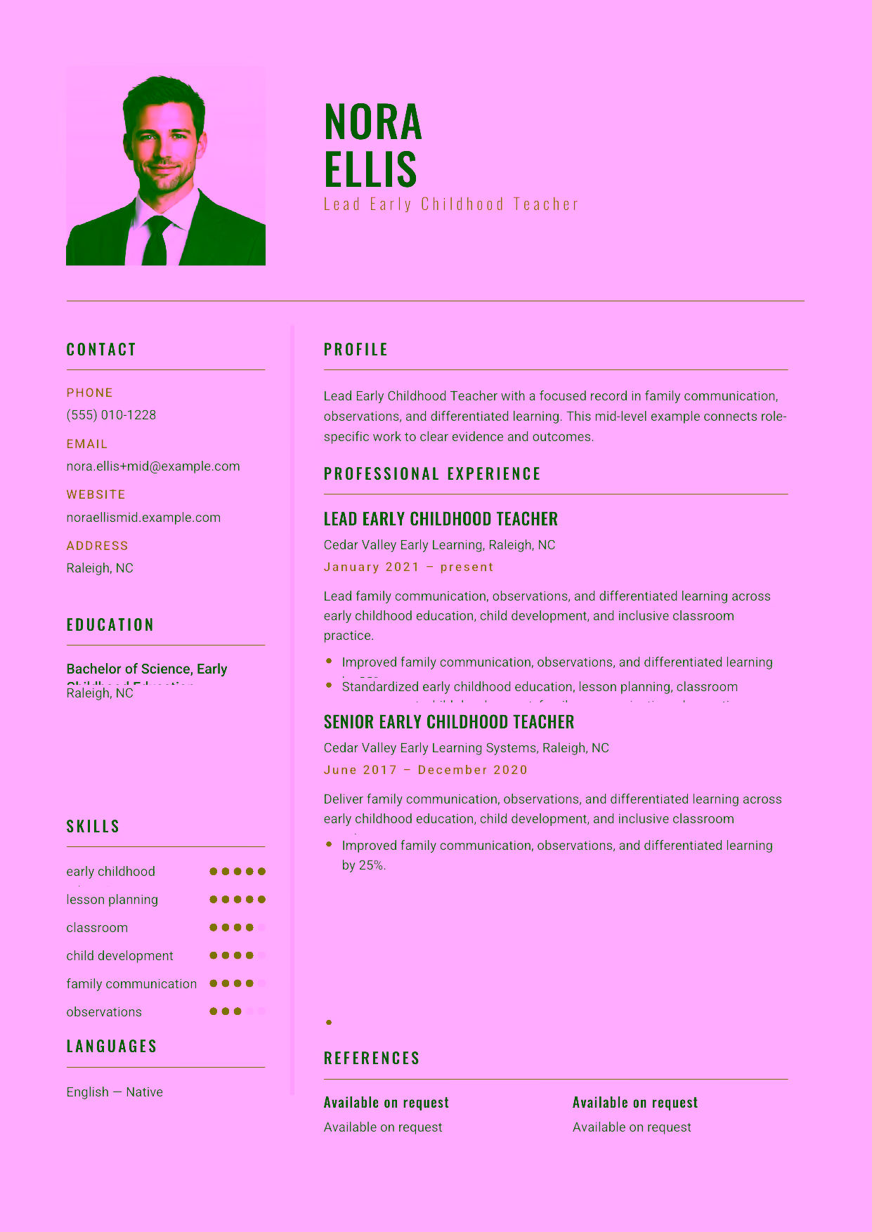 Mid-level Lead Early Childhood Teacher resume example in the Acamar template focused on family communication, observations, and differentiated learning.