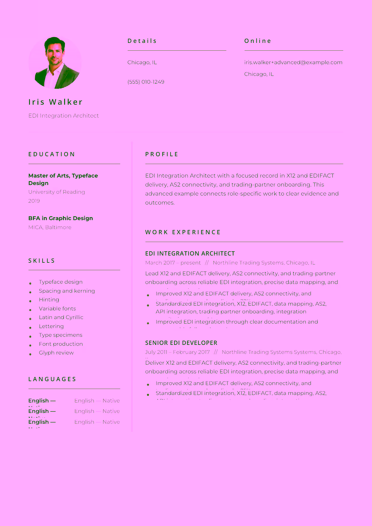 Advanced EDI Integration Architect resume example in the Pictor template focused on API integration architecture, monitoring standards, and integration-team leadership.