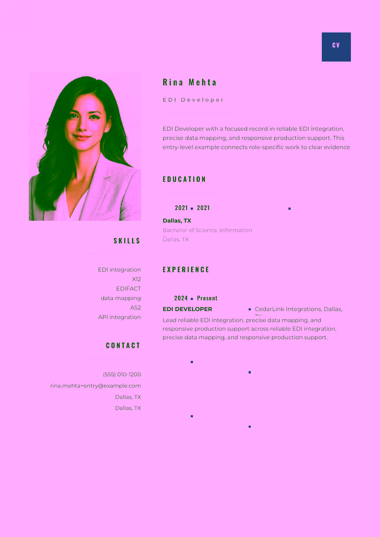 Entry-level EDI Developer resume example in the Pyxis template focused on reliable EDI integration, precise data mapping, and responsive production support.