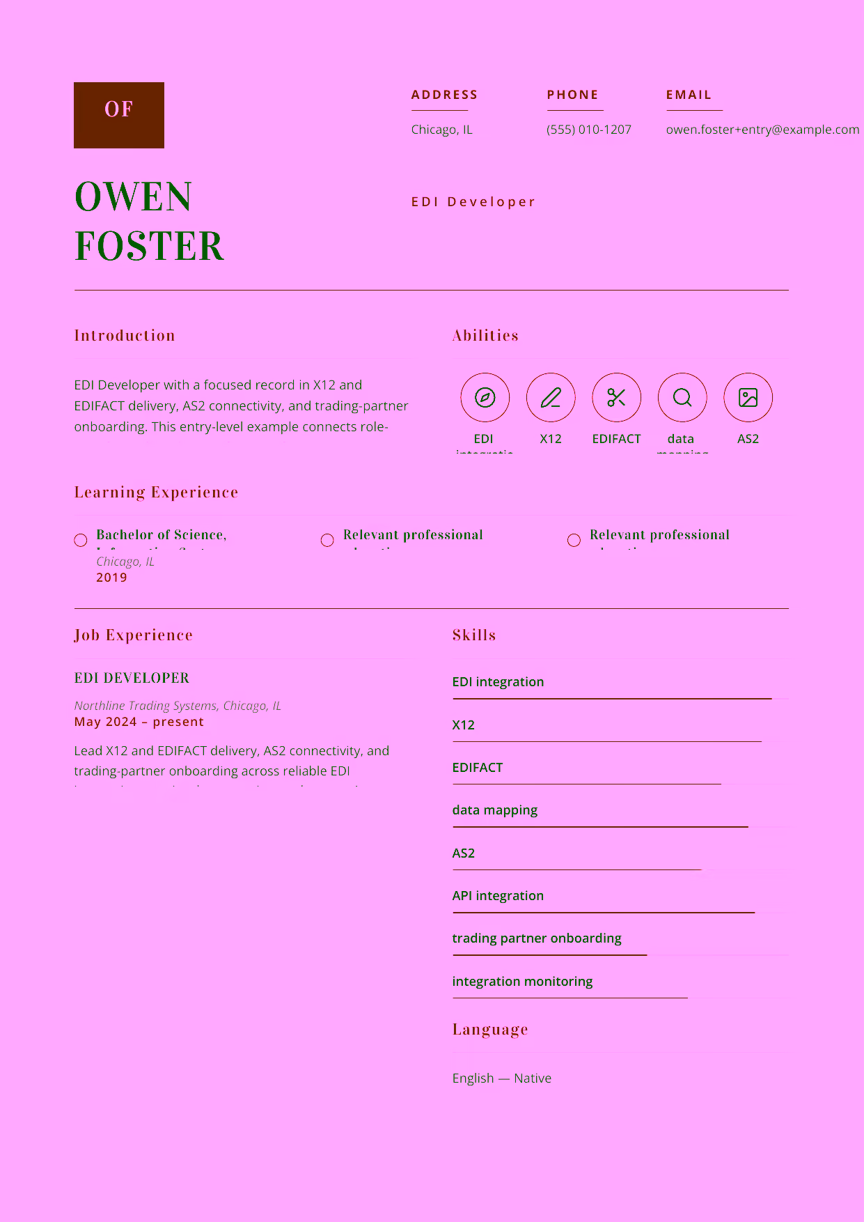 Entry-level EDI Developer resume example in the Delphinus template focused on reliable EDI integration, precise data mapping, and responsive production support.
