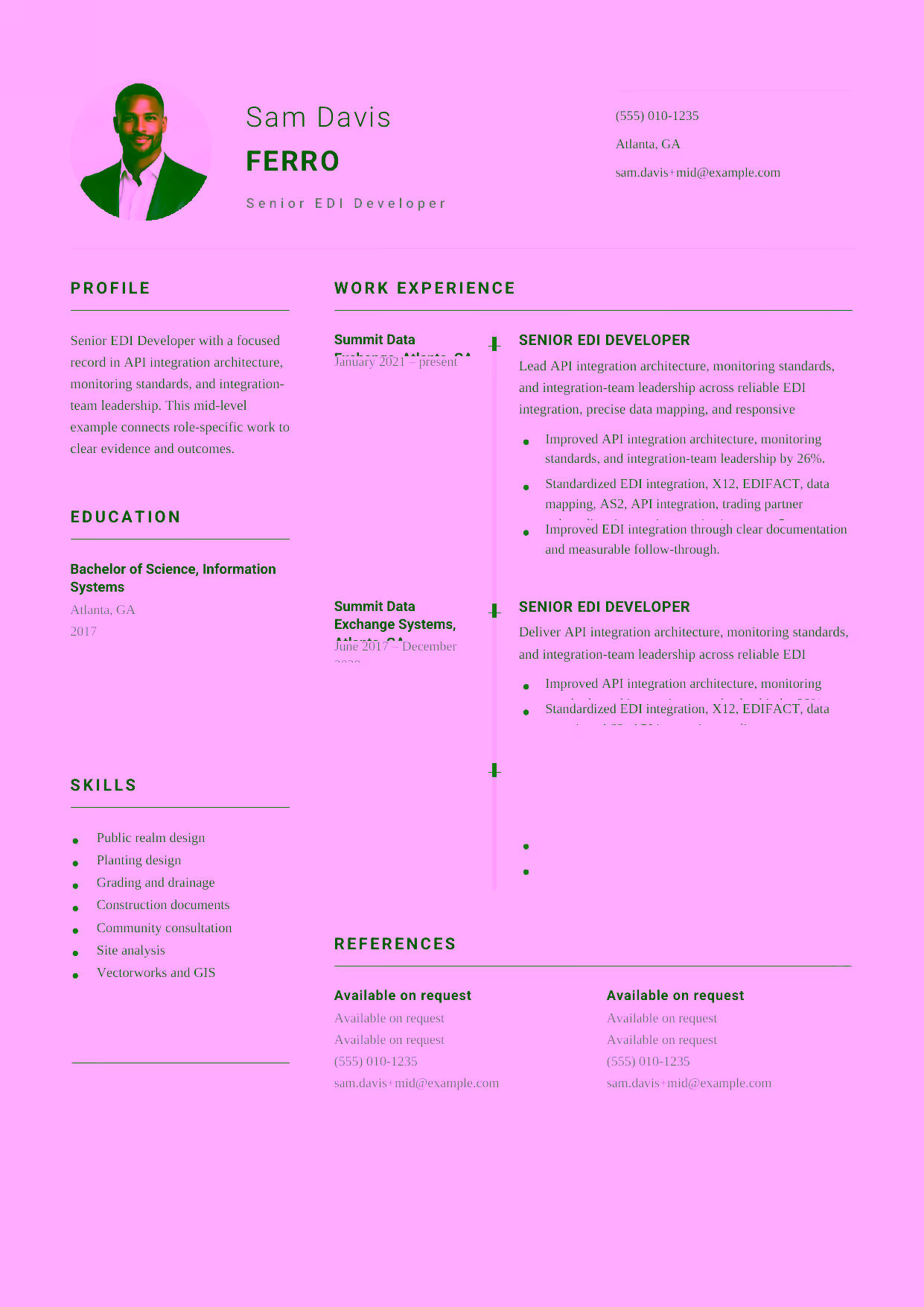 Mid-level Senior EDI Developer resume example in the Puppis template focused on X12 and EDIFACT delivery, AS2 connectivity, and trading-partner onboarding.