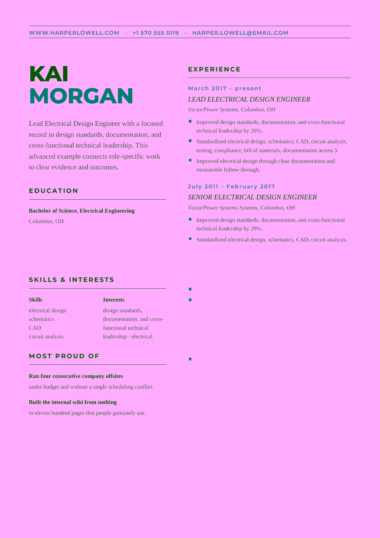 Advanced Lead Electrical Design Engineer resume example in the Bootes template focused on design standards, documentation, and cross-functional technical leadership.