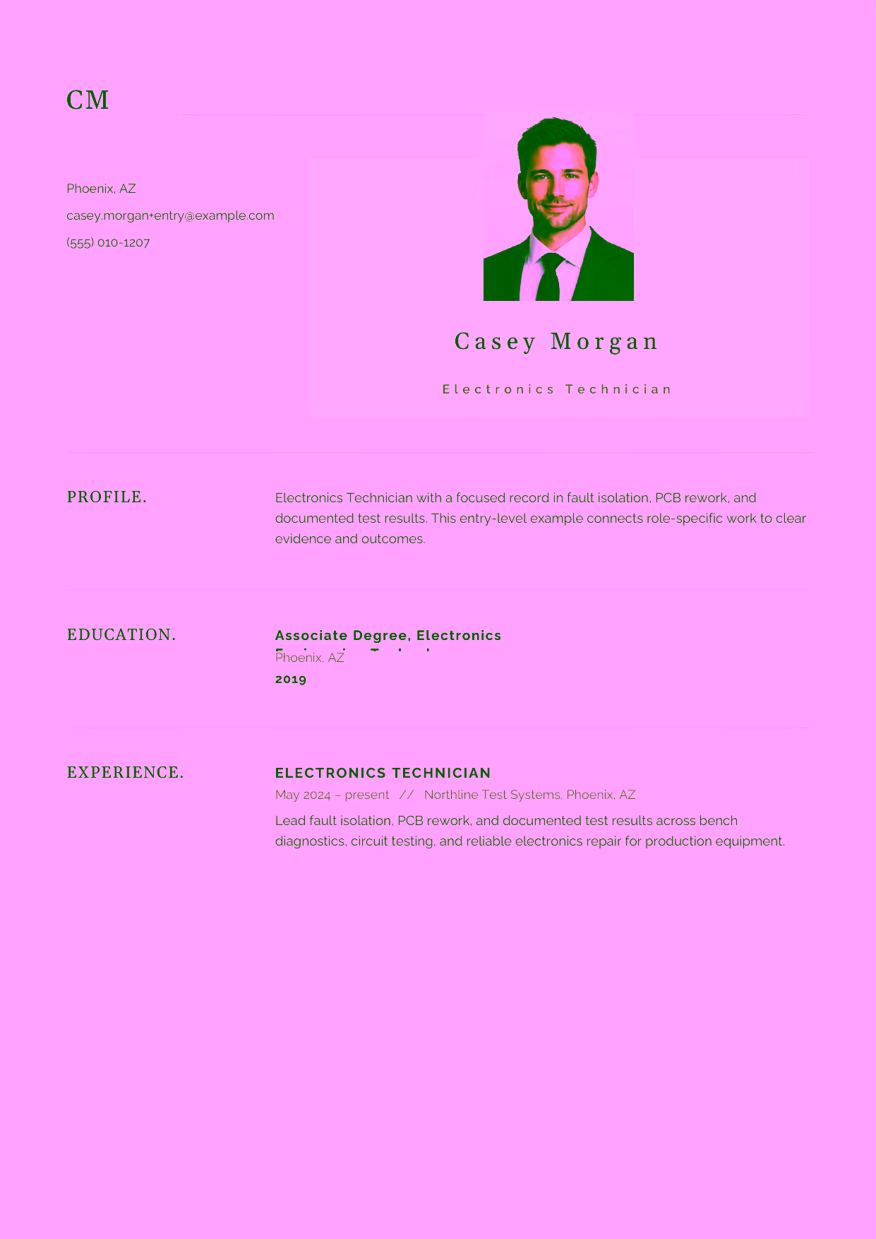 Entry-level Electronics Technician resume example in the Norma template focused on bench testing, schematic reading, and reliable electronics repair.