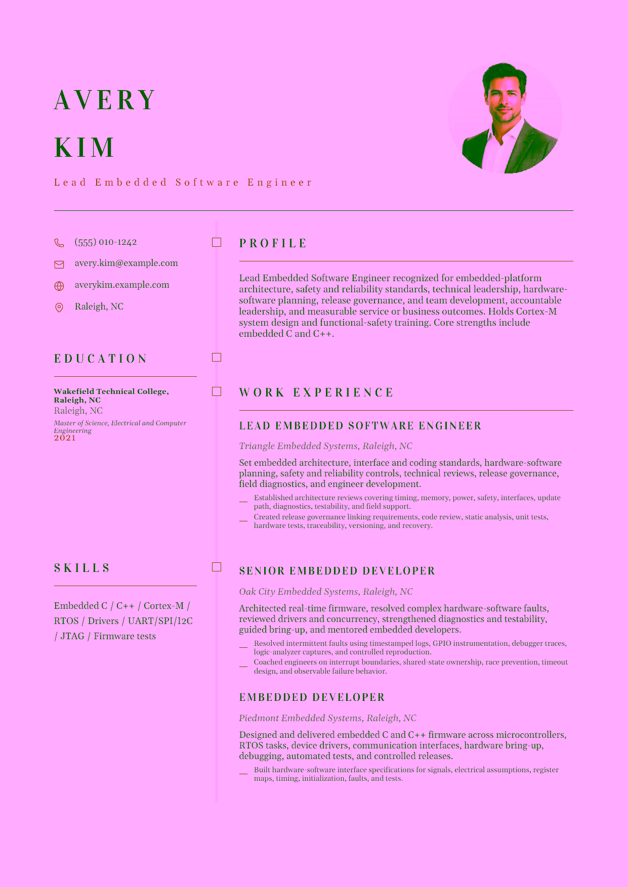 Advanced Lead Embedded Software Engineer resume example in the Draco template focused on embedded-platform architecture, safety and reliability standards, technical leadership, hardware-software planning, release governance, and team development.