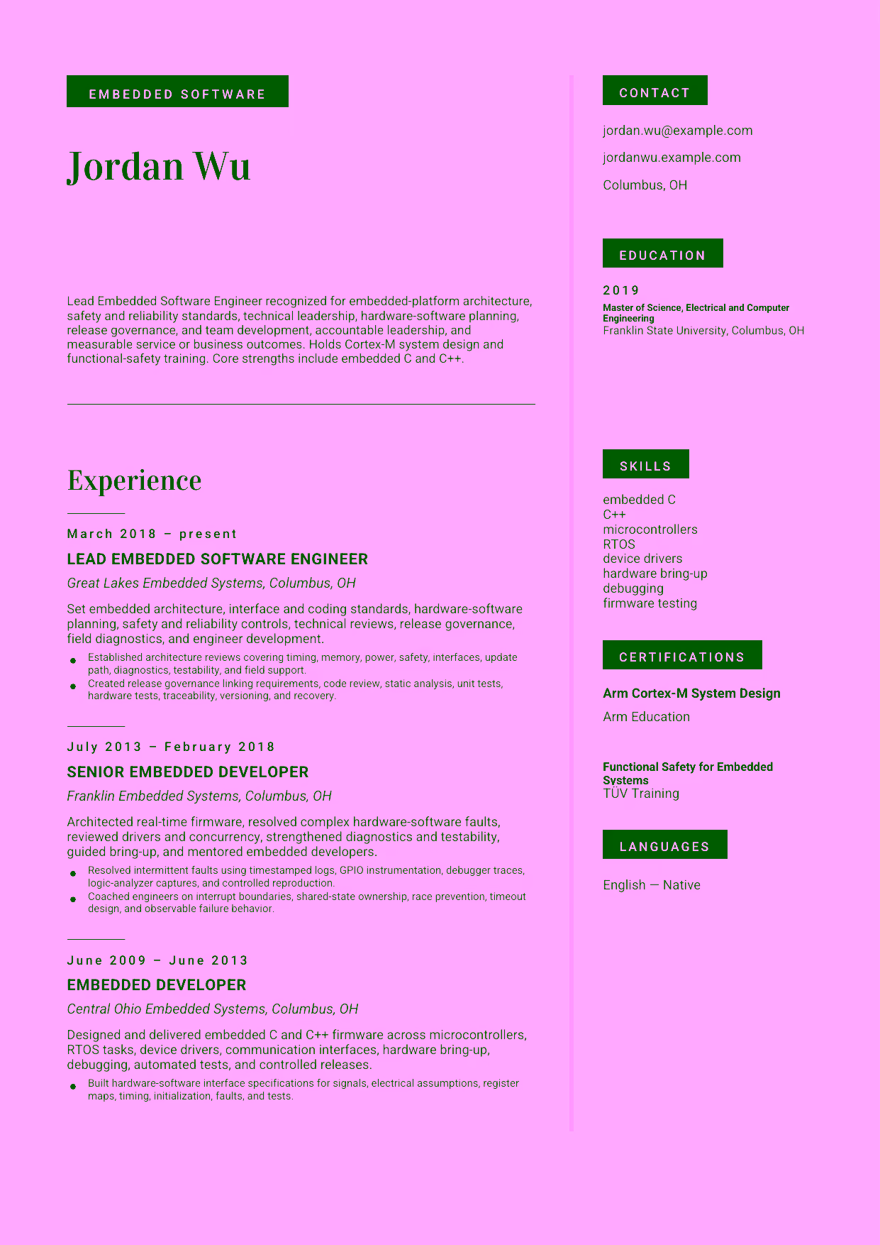Advanced Lead Embedded Software Engineer resume example in the Aquila template focused on embedded-platform architecture, safety and reliability standards, technical leadership, hardware-software planning, release governance, and team development.