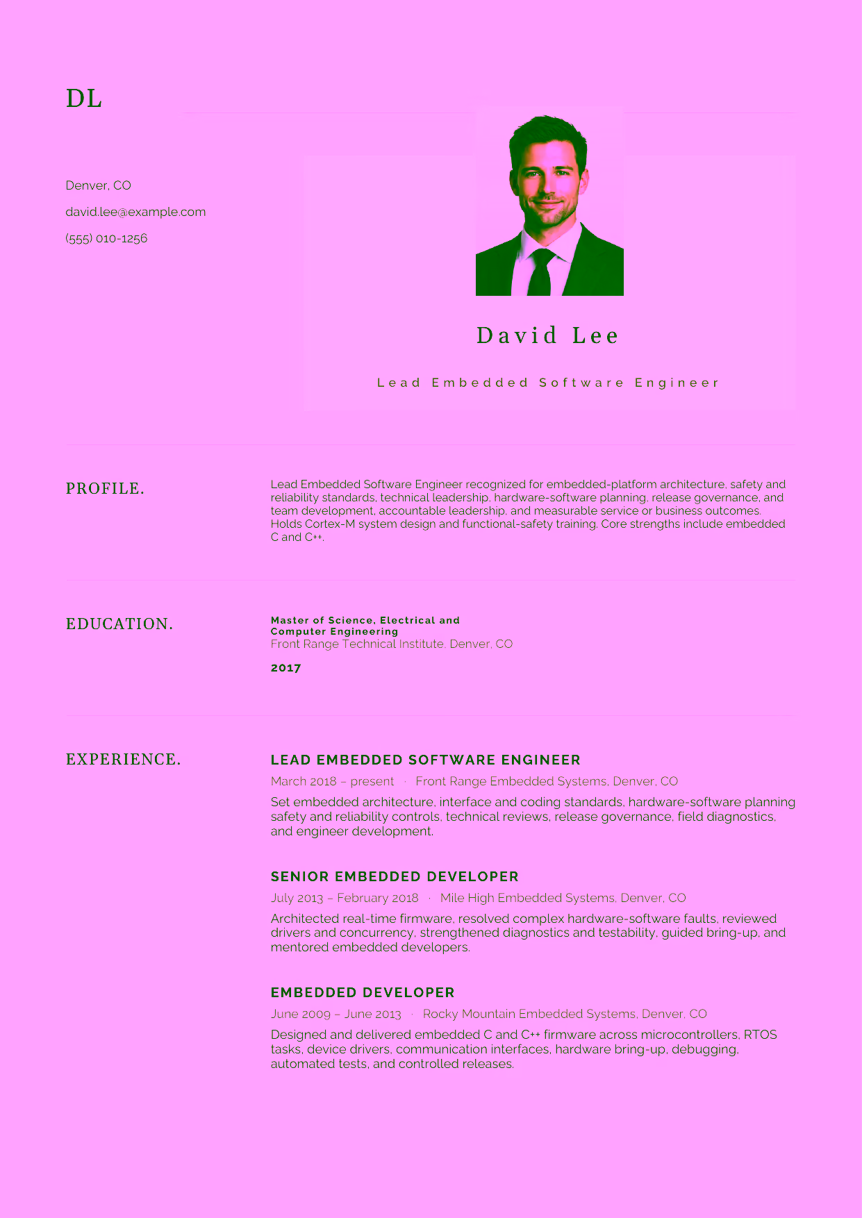 Advanced Lead Embedded Software Engineer resume example in the Norma template focused on embedded-platform architecture, safety and reliability standards, technical leadership, hardware-software planning, release governance, and team development.