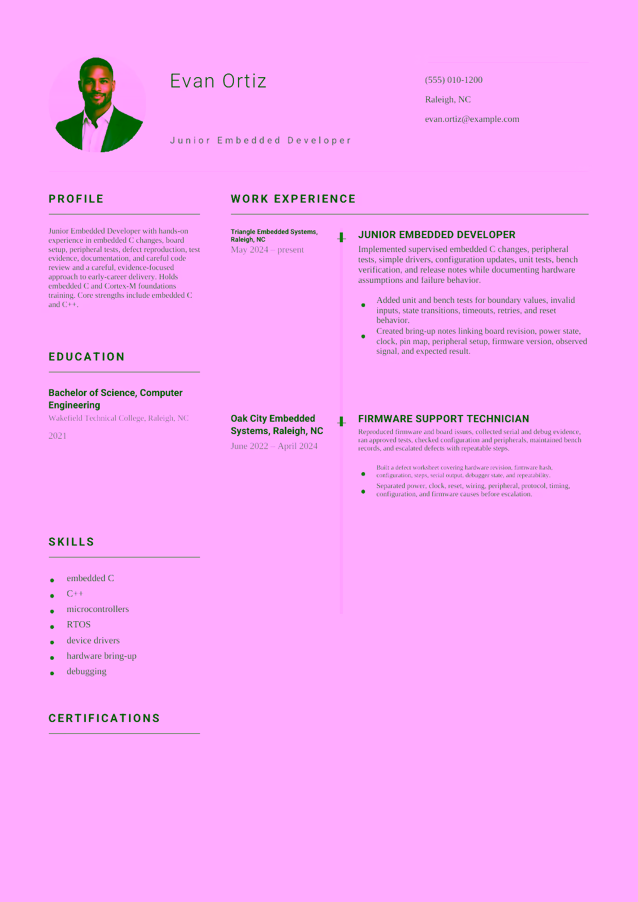Entry-level Junior Embedded Developer resume example in the Puppis template focused on embedded C changes, board setup, peripheral tests, defect reproduction, test evidence, documentation, and careful code review.