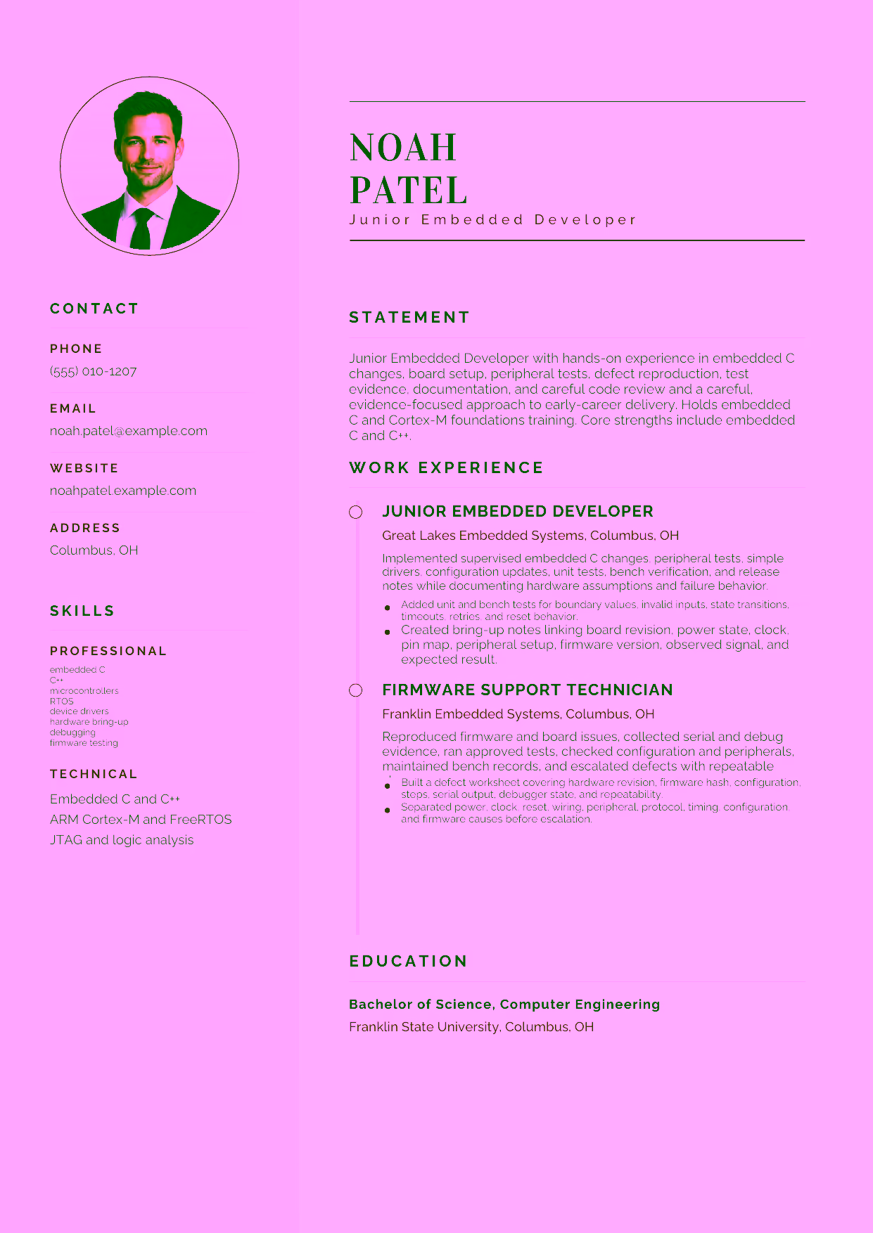 Entry-level Junior Embedded Developer resume example in the Cetus template focused on embedded C changes, board setup, peripheral tests, defect reproduction, test evidence, documentation, and careful code review.