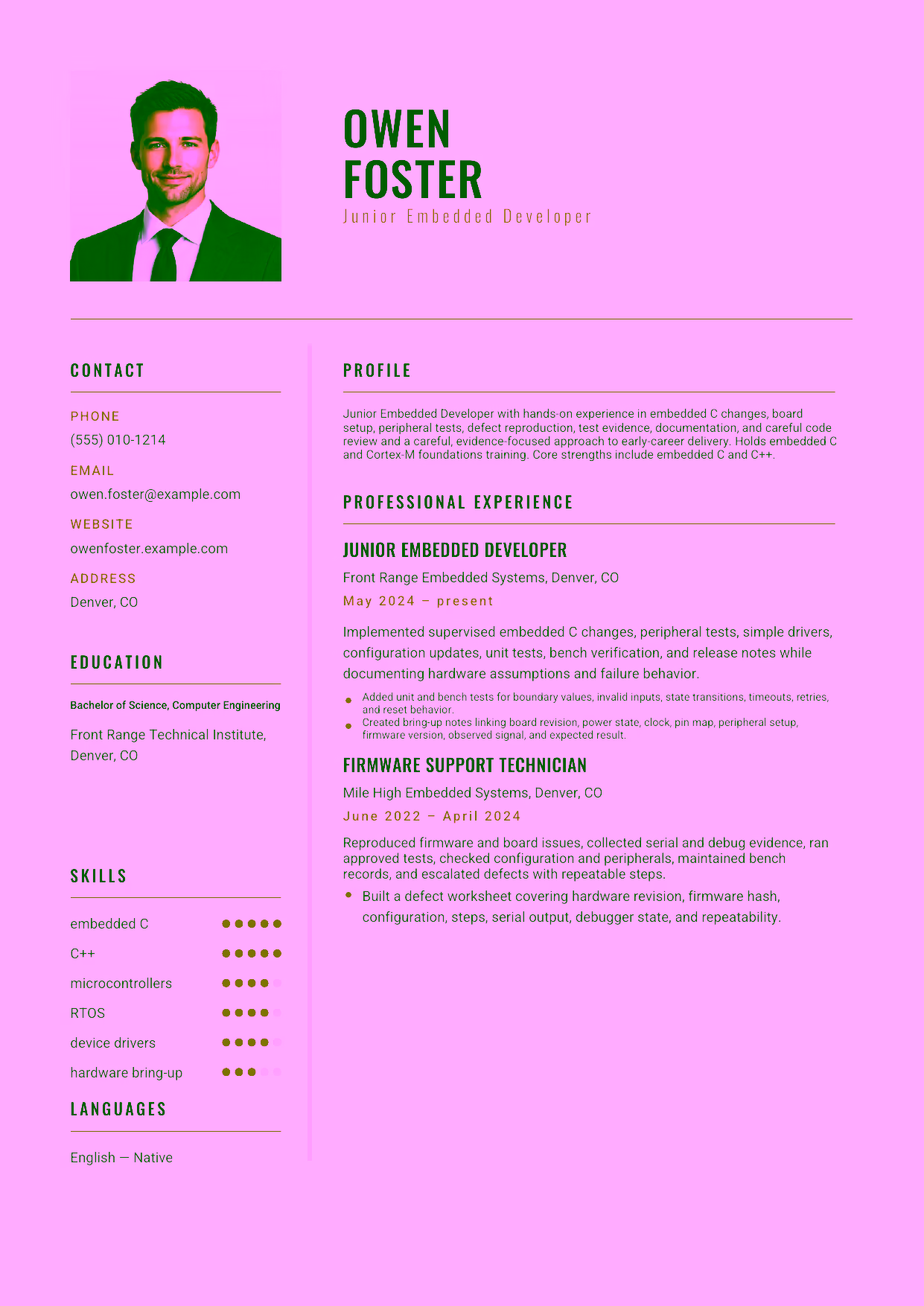 Entry-level Junior Embedded Developer resume example in the Acamar template focused on embedded C changes, board setup, peripheral tests, defect reproduction, test evidence, documentation, and careful code review.