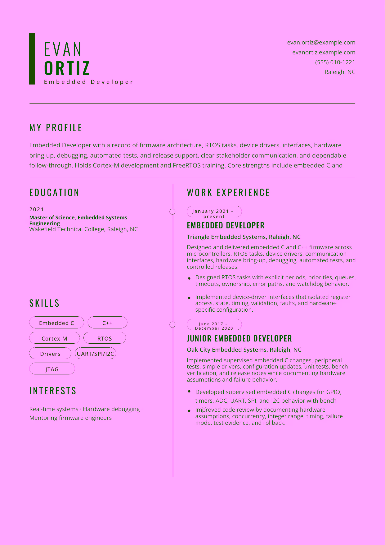 Mid-level Embedded Developer resume example in the Caelum template focused on firmware architecture, RTOS tasks, device drivers, interfaces, hardware bring-up, debugging, automated tests, and release support.