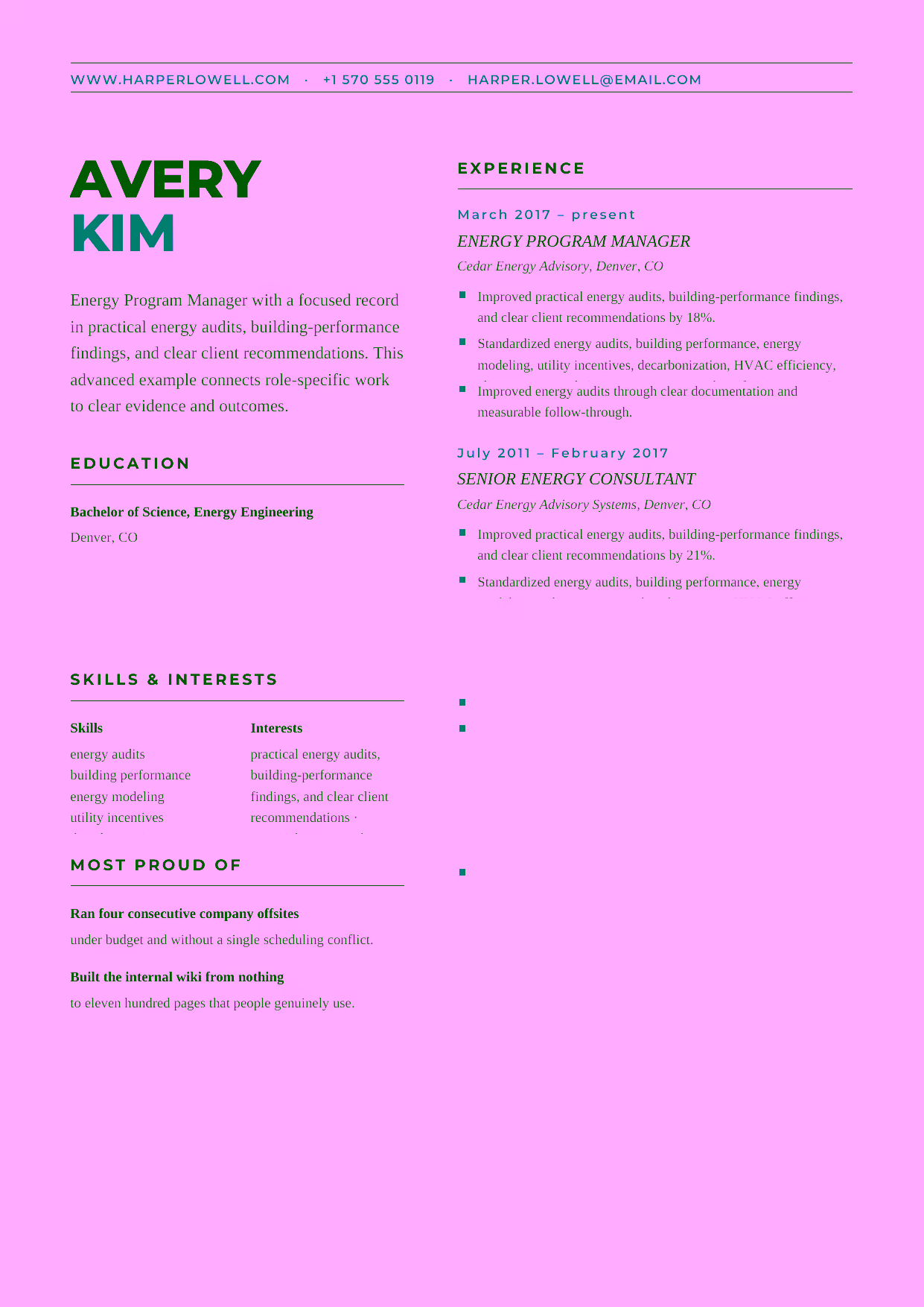 Advanced Energy Program Manager resume example in the Bootes template focused on decarbonization strategy, measurement and verification, and program leadership.