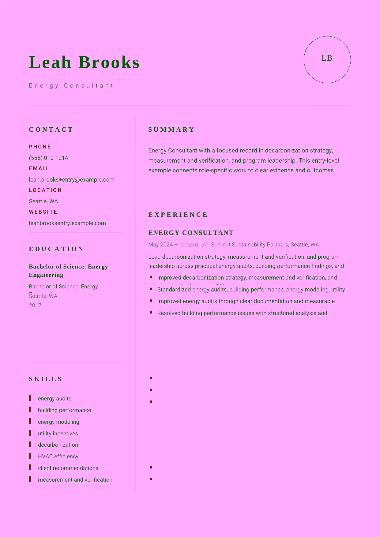 Entry-level Energy Consultant resume example in the Grus template focused on practical energy audits, building-performance findings, and clear client recommendations.