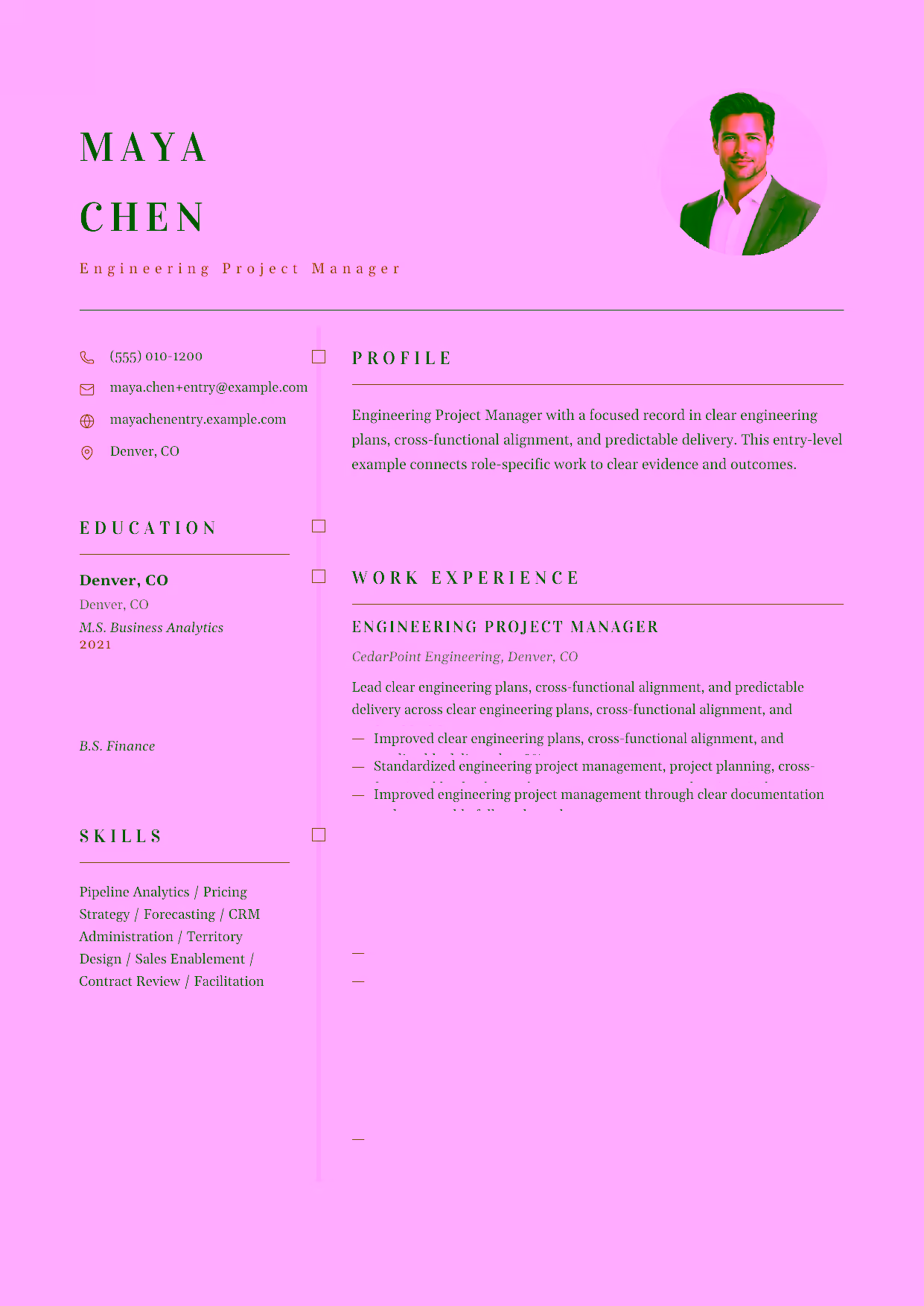 Entry-level Engineering Project Manager resume example in the Draco template focused on clear engineering plans, cross-functional alignment, and predictable delivery.