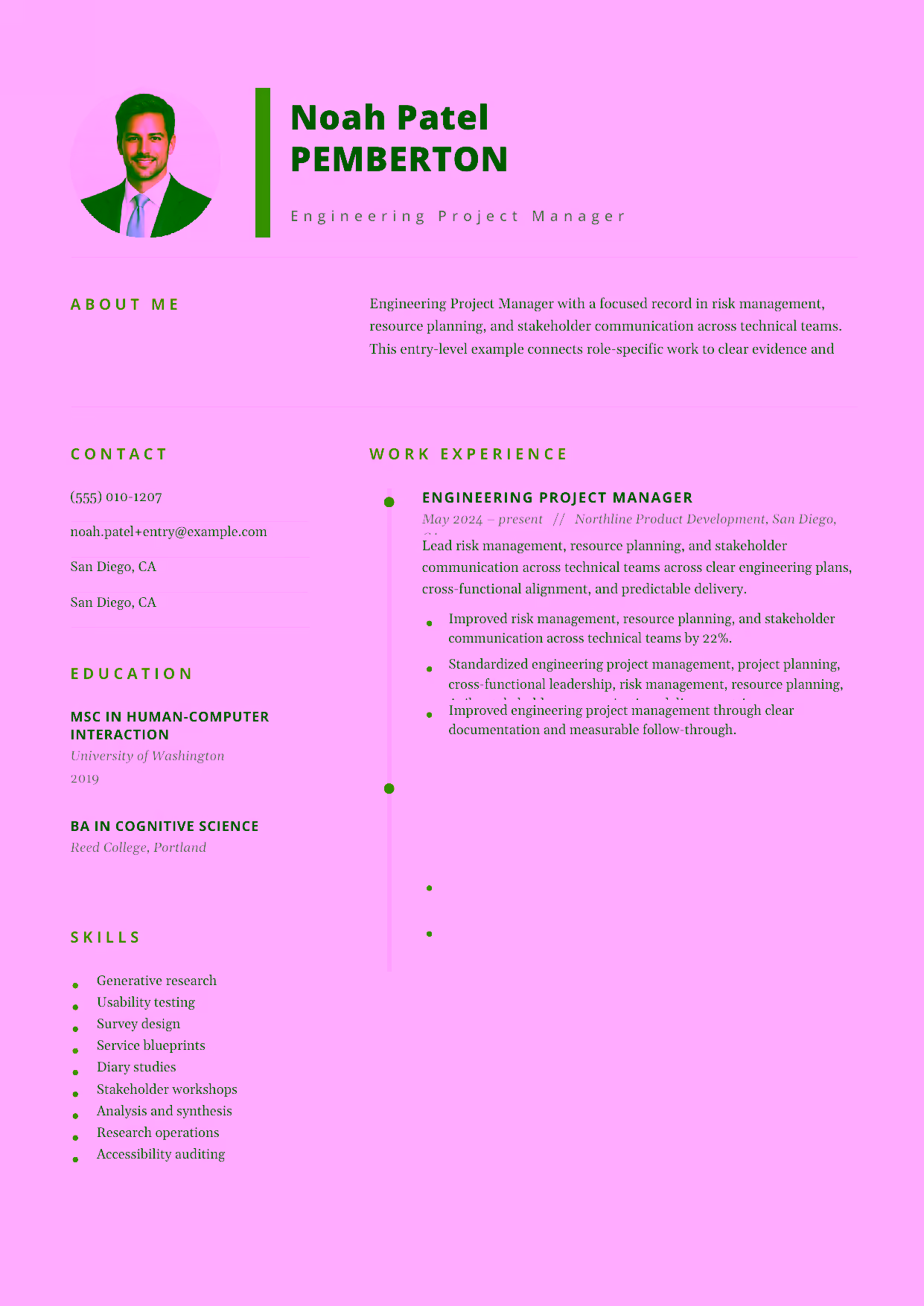 Entry-level Engineering Project Manager resume example in the Pegasus template focused on clear engineering plans, cross-functional alignment, and predictable delivery.