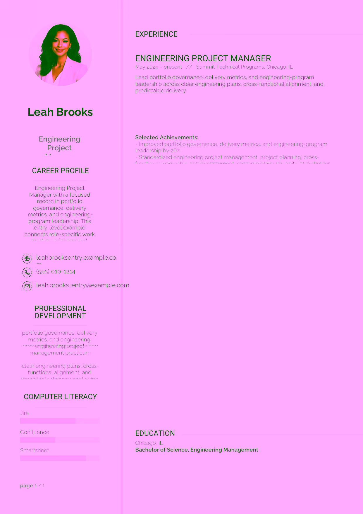 Entry-level Engineering Project Manager resume example in the Synnove template focused on clear engineering plans, cross-functional alignment, and predictable delivery.