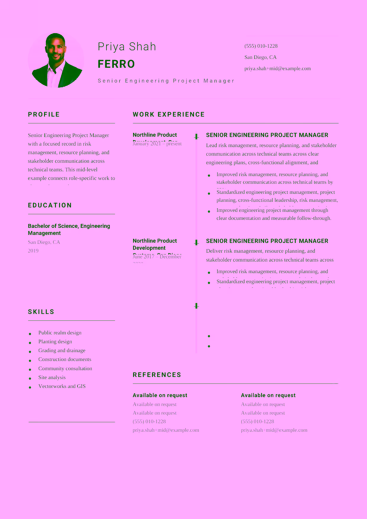 Mid-level Senior Engineering Project Manager resume example in the Puppis template focused on risk management, resource planning, and stakeholder communication across technical teams.