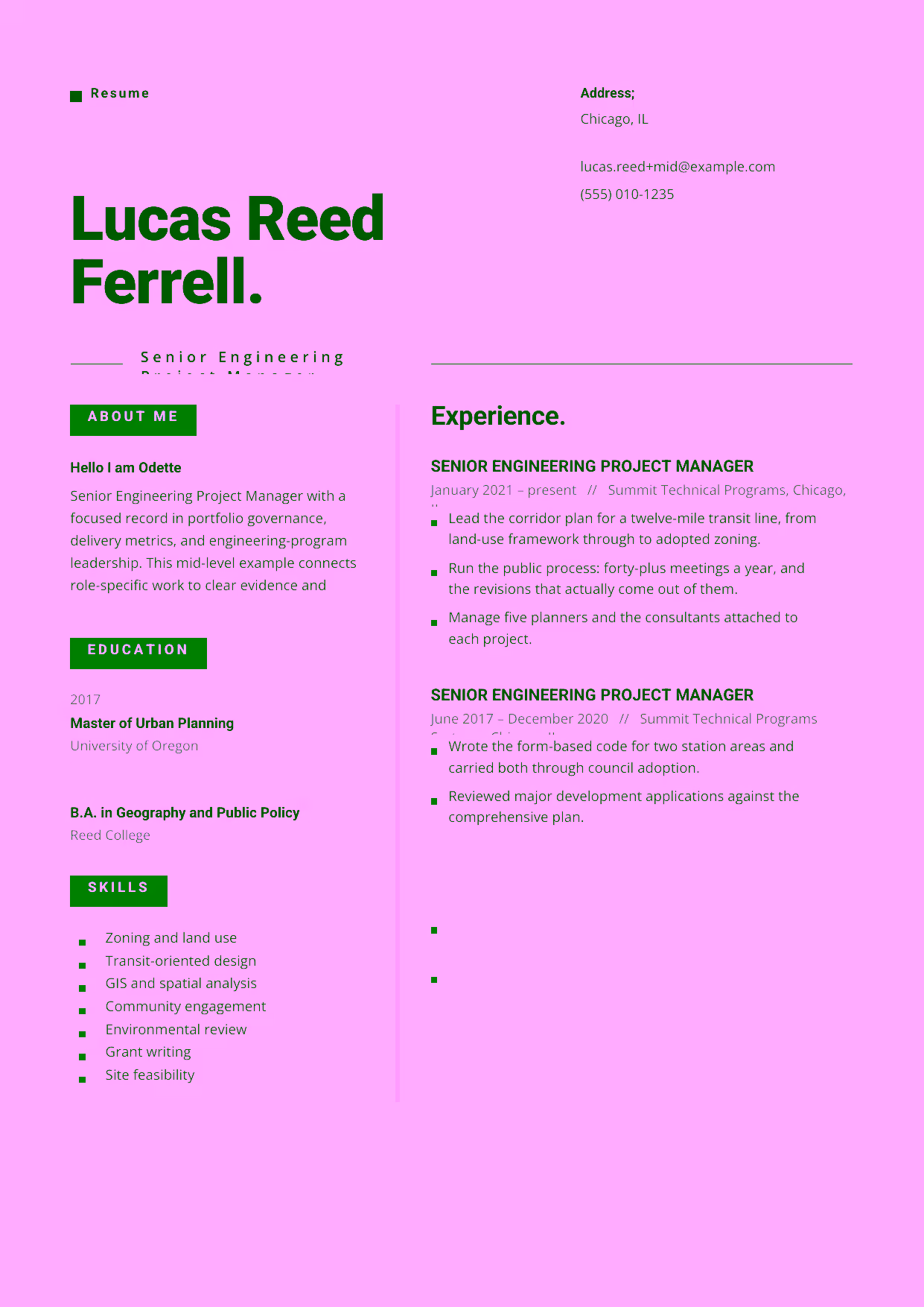 Mid-level Senior Engineering Project Manager resume example in the Indus template focused on risk management, resource planning, and stakeholder communication across technical teams.