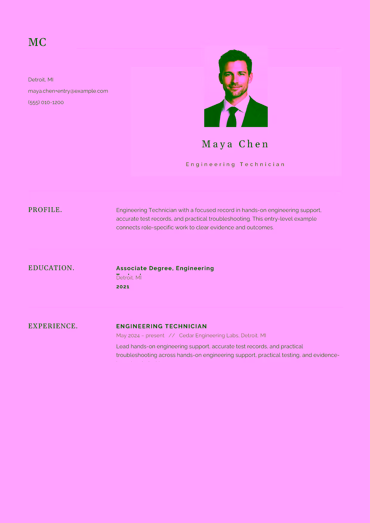 Entry-level Engineering Technician resume example in the Norma template focused on hands-on engineering support, accurate test records, and practical troubleshooting.