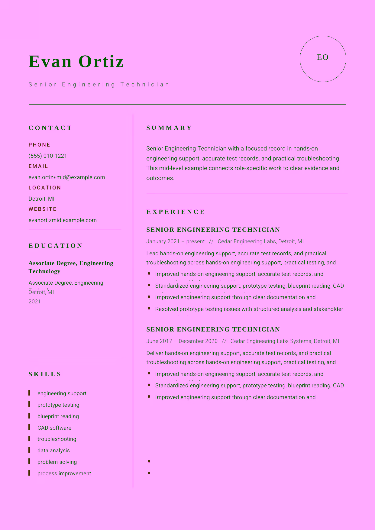 Mid-level Senior Engineering Technician resume example in the Grus template focused on prototype testing, CAD updates, and evidence-based quality decisions.
