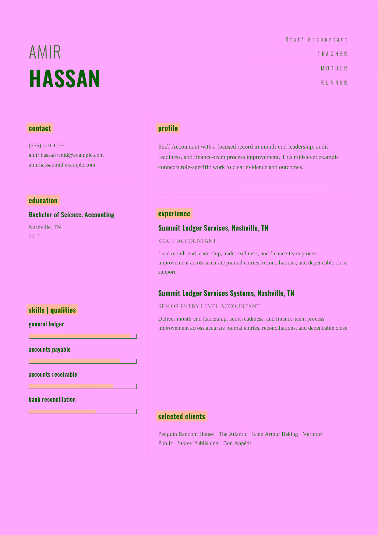 Mid-level Staff Accountant resume example in the Dorado template focused on general-ledger ownership, payables and receivables, and clean reporting.