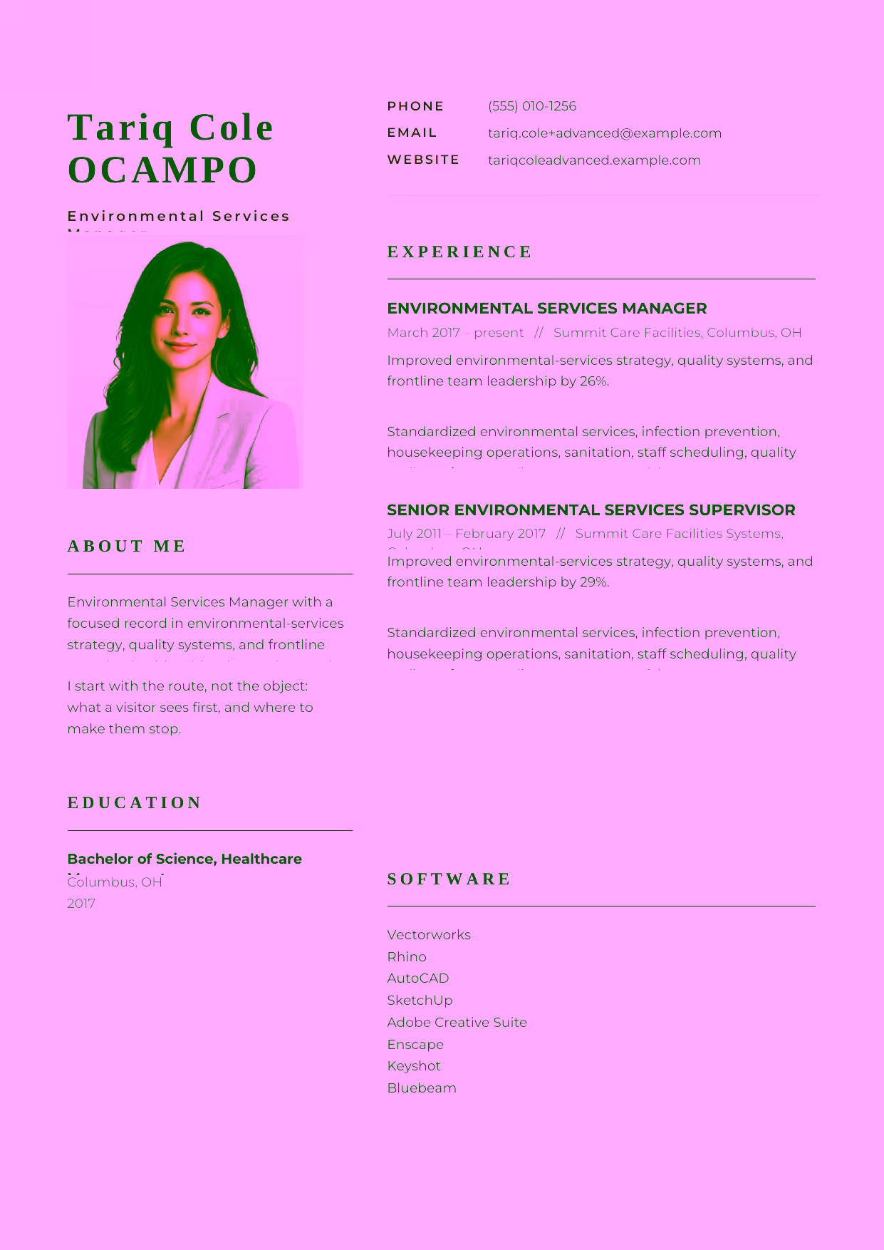 Advanced Environmental Services Manager resume example in the Hydra template focused on environmental-services strategy, quality systems, and frontline team leadership.