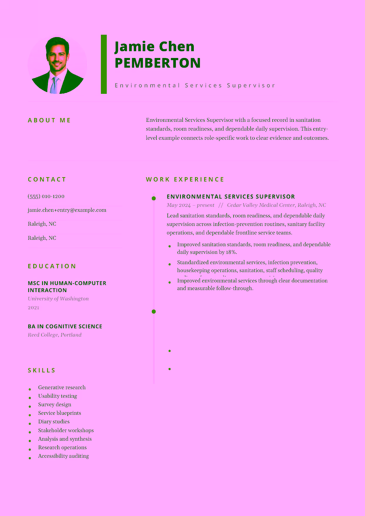 Entry-level Environmental Services Supervisor resume example in the Pegasus template focused on sanitation standards, room readiness, and dependable daily supervision.