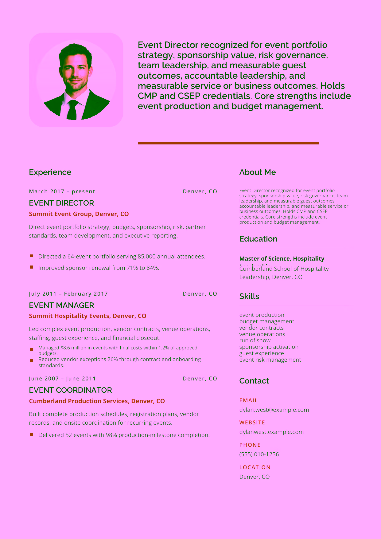Advanced Event Director resume example in the Andromeda template focused on event portfolio strategy, sponsorship value, risk governance, team leadership, and measurable guest outcomes.
