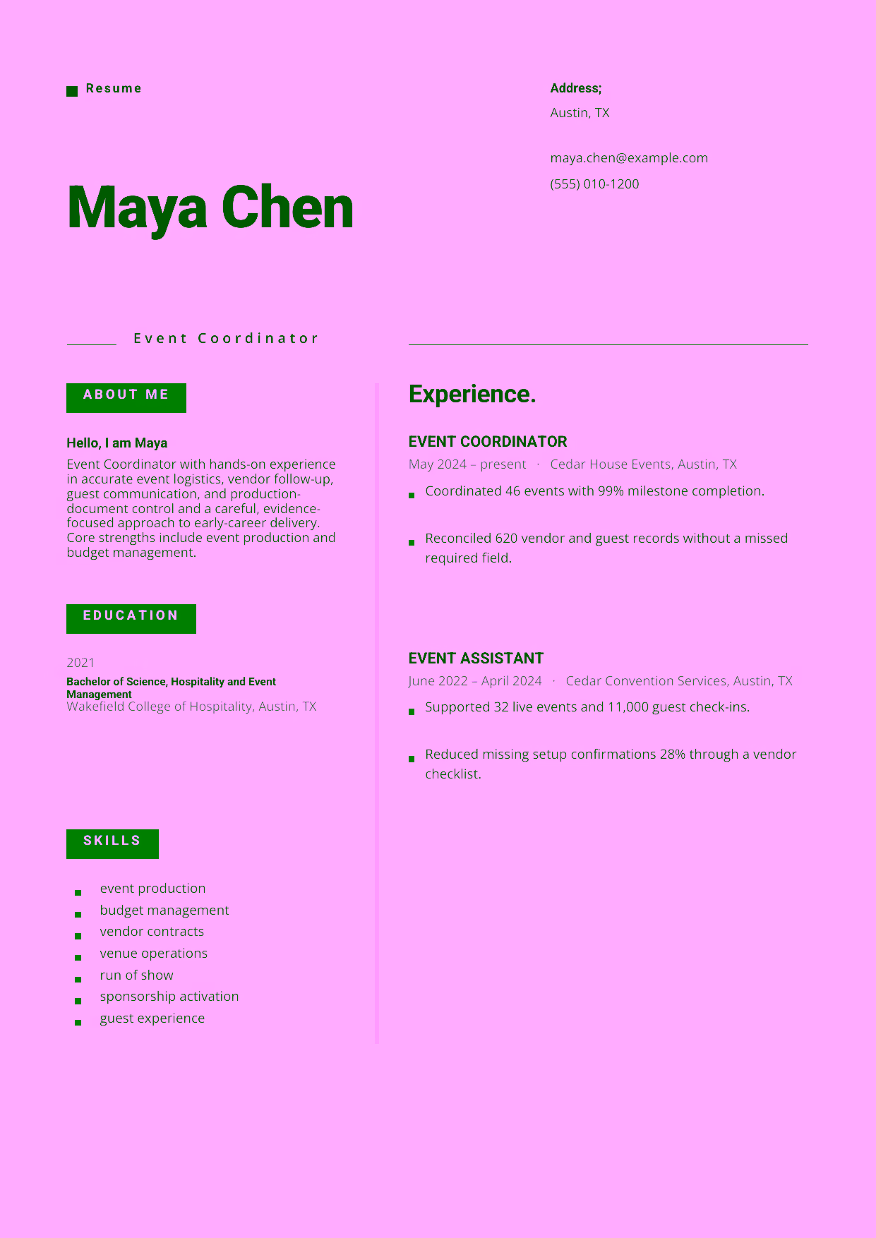 Entry-level Event Coordinator resume example in the Indus template focused on accurate event logistics, vendor follow-up, guest communication, and production-document control.