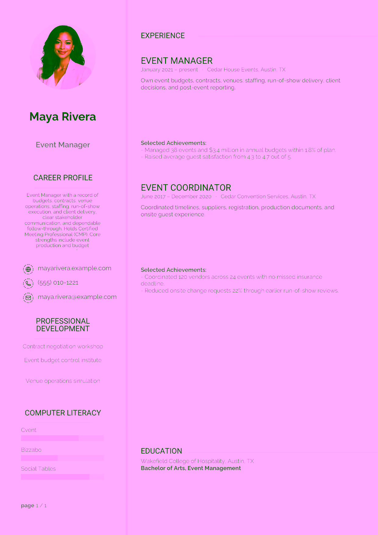 Mid-level Event Manager resume example in the Synnove template focused on budgets, contracts, venue operations, staffing, run-of-show execution, and client delivery.