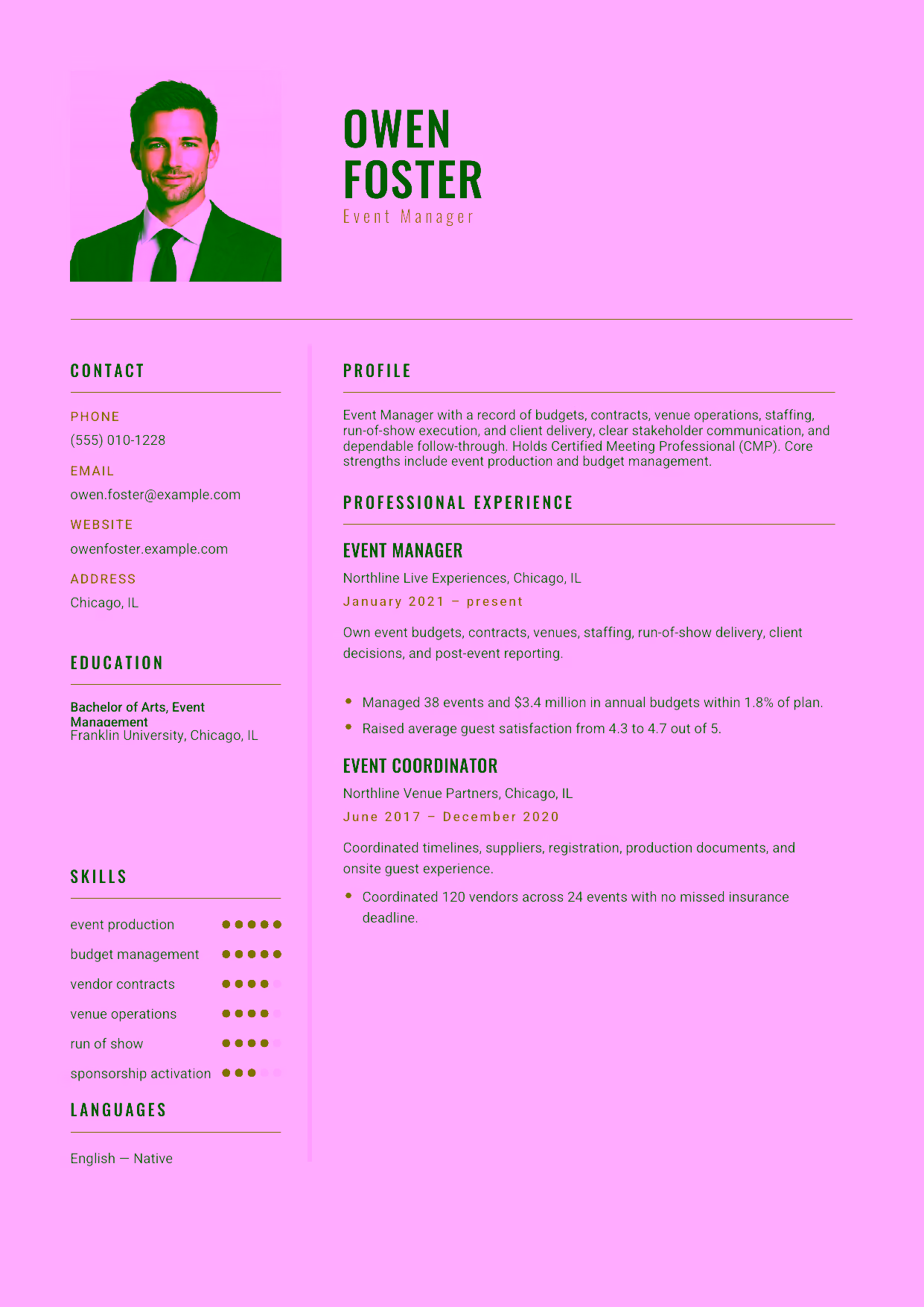 Mid-level Event Manager resume example in the Acamar template focused on budgets, contracts, venue operations, staffing, run-of-show execution, and client delivery.