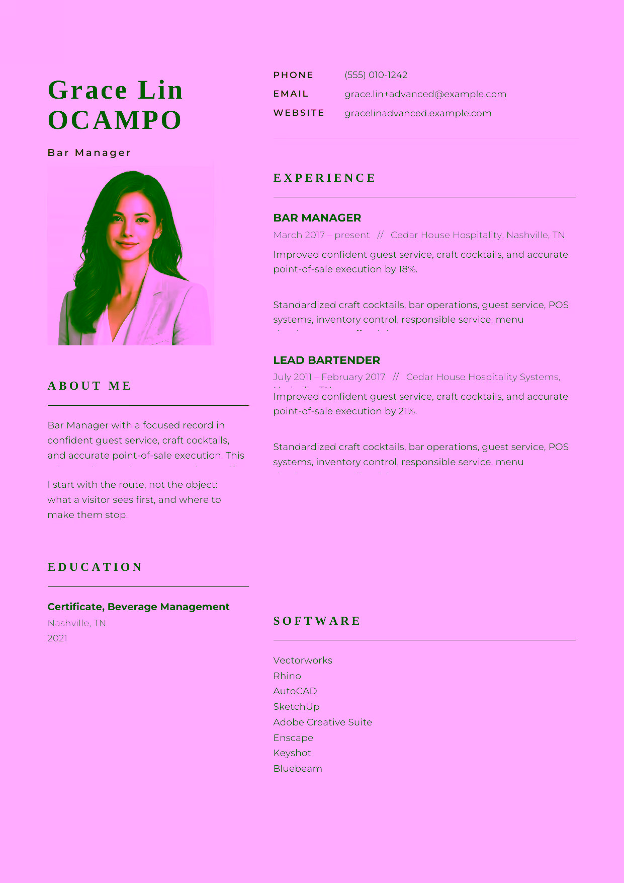 Advanced Bar Manager resume example in the Hydra template focused on menu development, staff training, beverage-cost control, and bar operations.