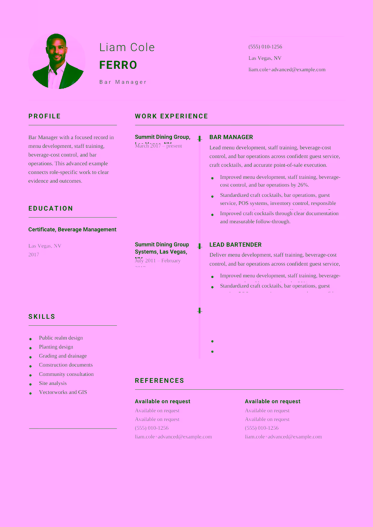 Advanced Bar Manager resume example in the Puppis template focused on menu development, staff training, beverage-cost control, and bar operations.