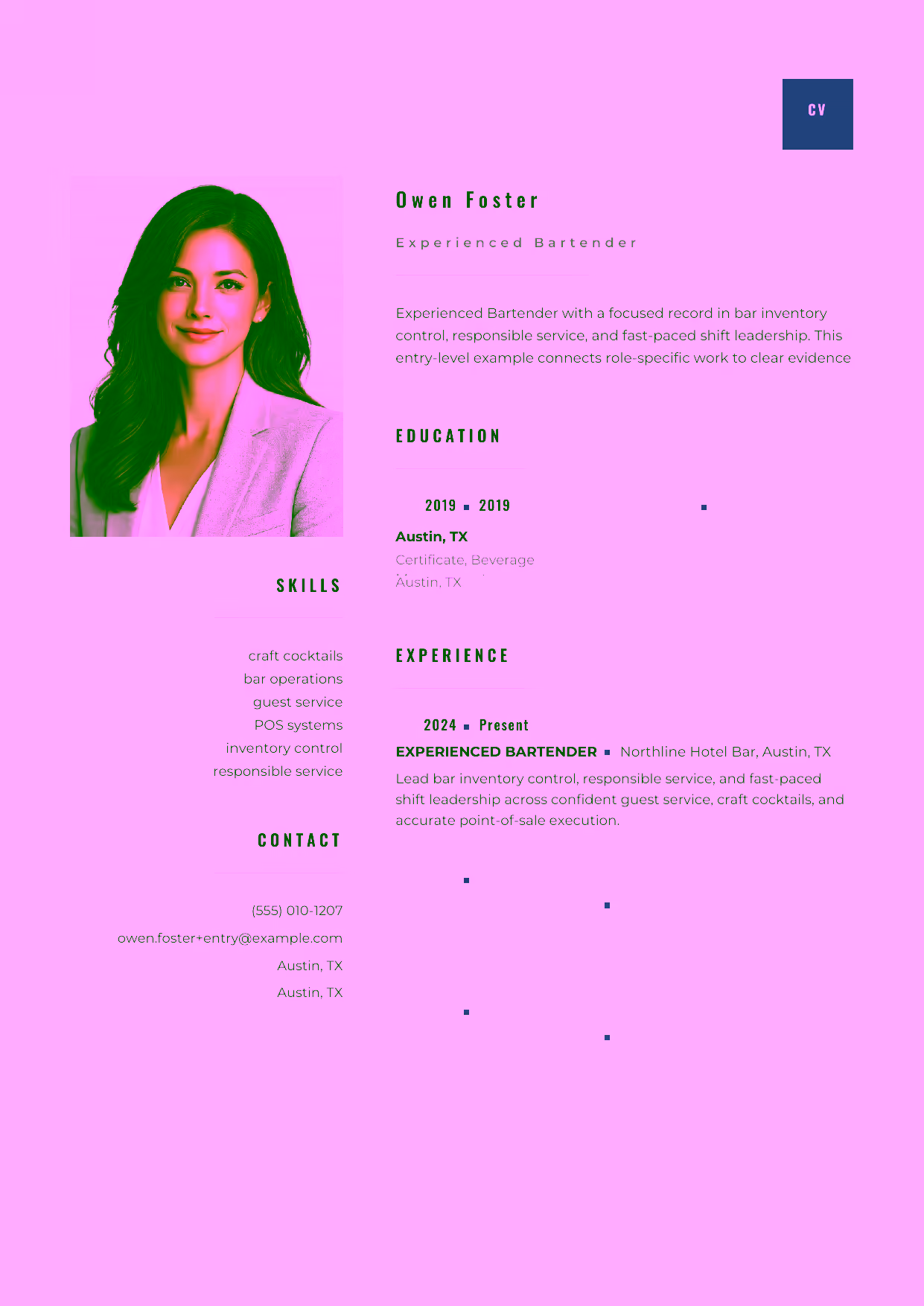 Entry-level Experienced Bartender resume example in the Pyxis template focused on confident guest service, craft cocktails, and accurate point-of-sale execution.