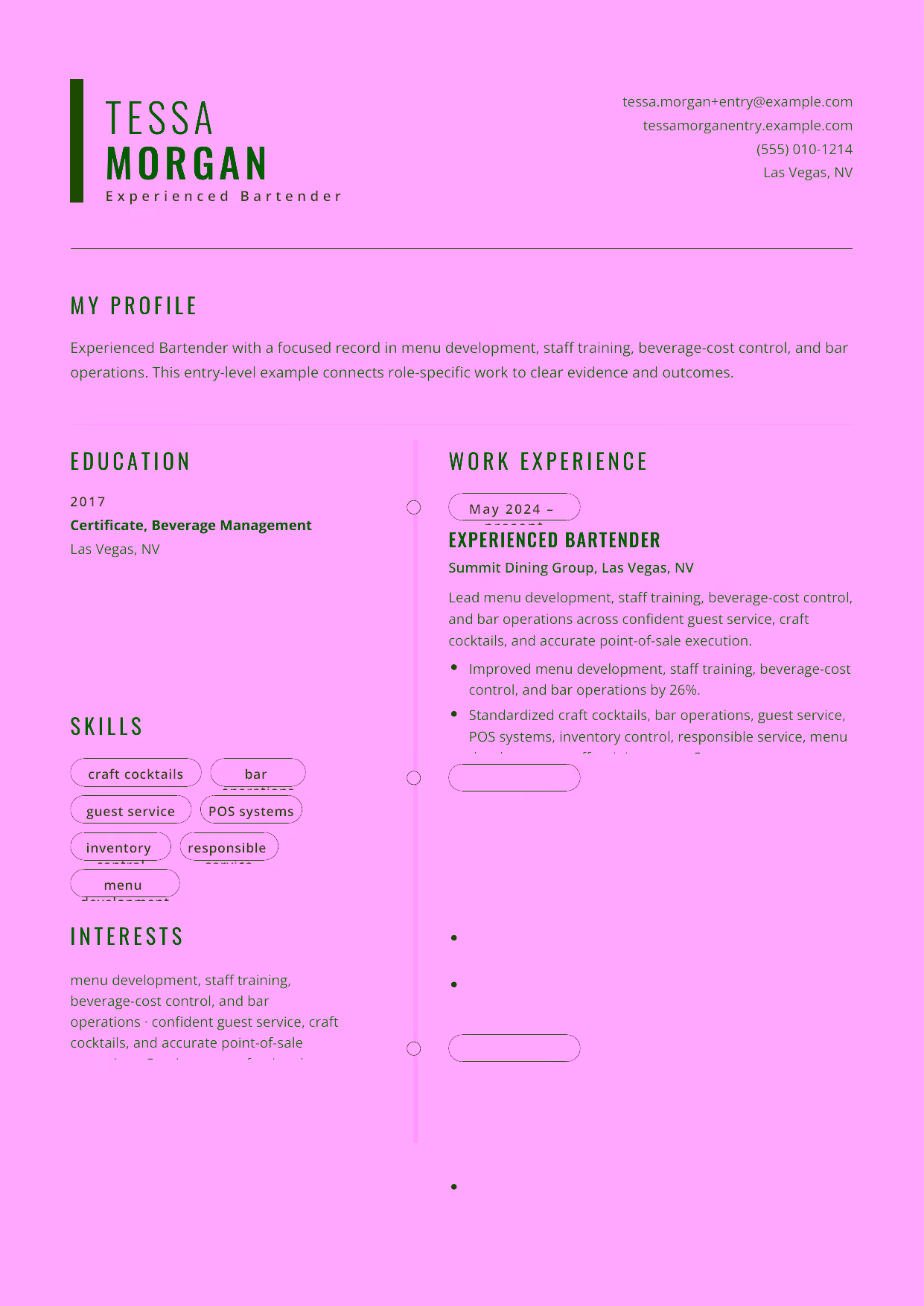 Entry-level Experienced Bartender resume example in the Caelum template focused on confident guest service, craft cocktails, and accurate point-of-sale execution.