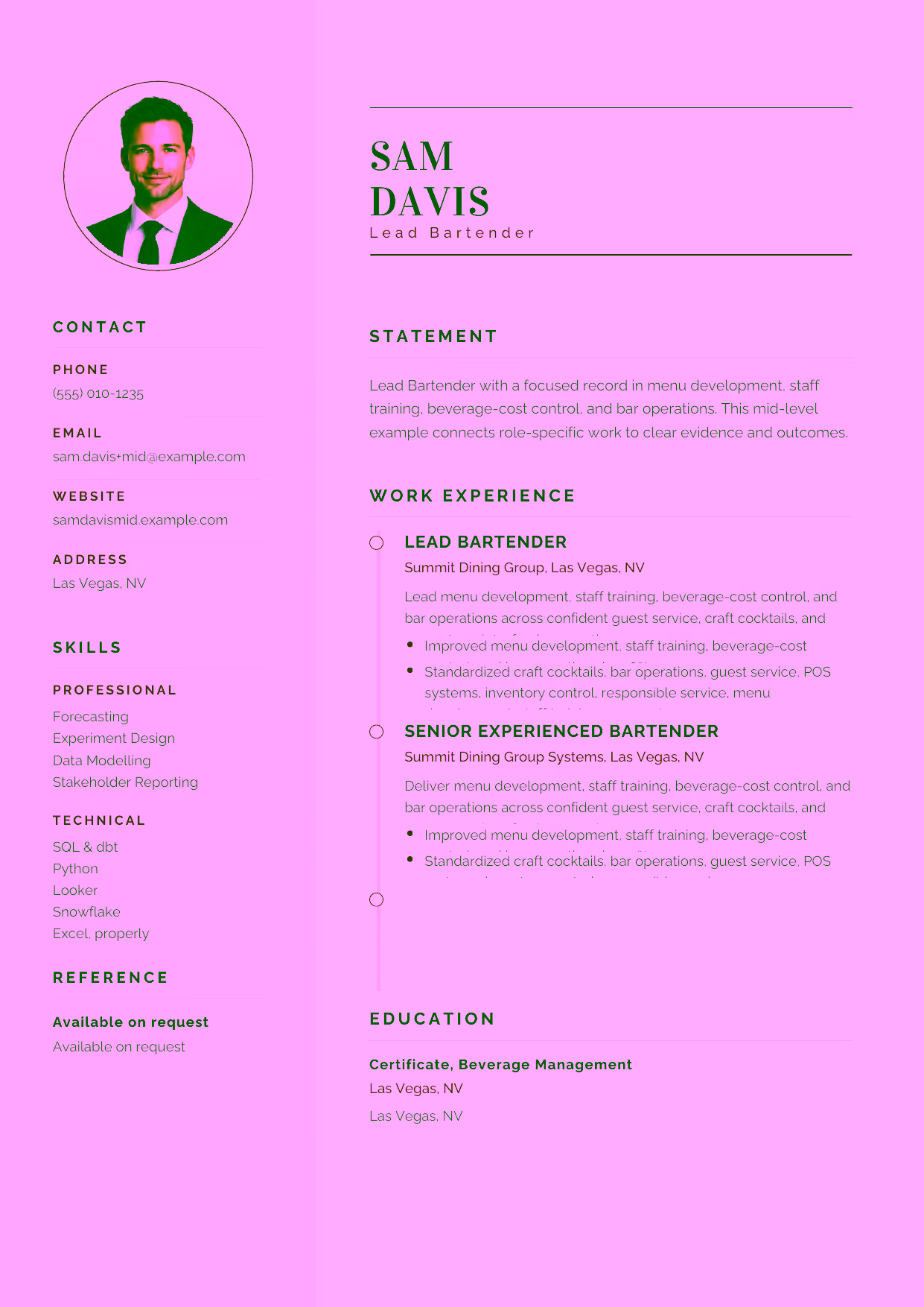 Mid-level Lead Bartender resume example in the Cetus template focused on bar inventory control, responsible service, and fast-paced shift leadership.