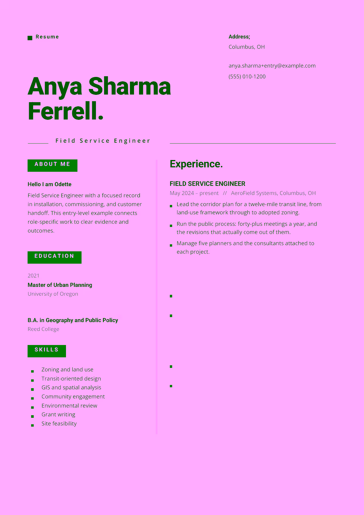 Entry-level Field Service Engineer resume example in the Indus template focused on installation, commissioning, and customer handoff.