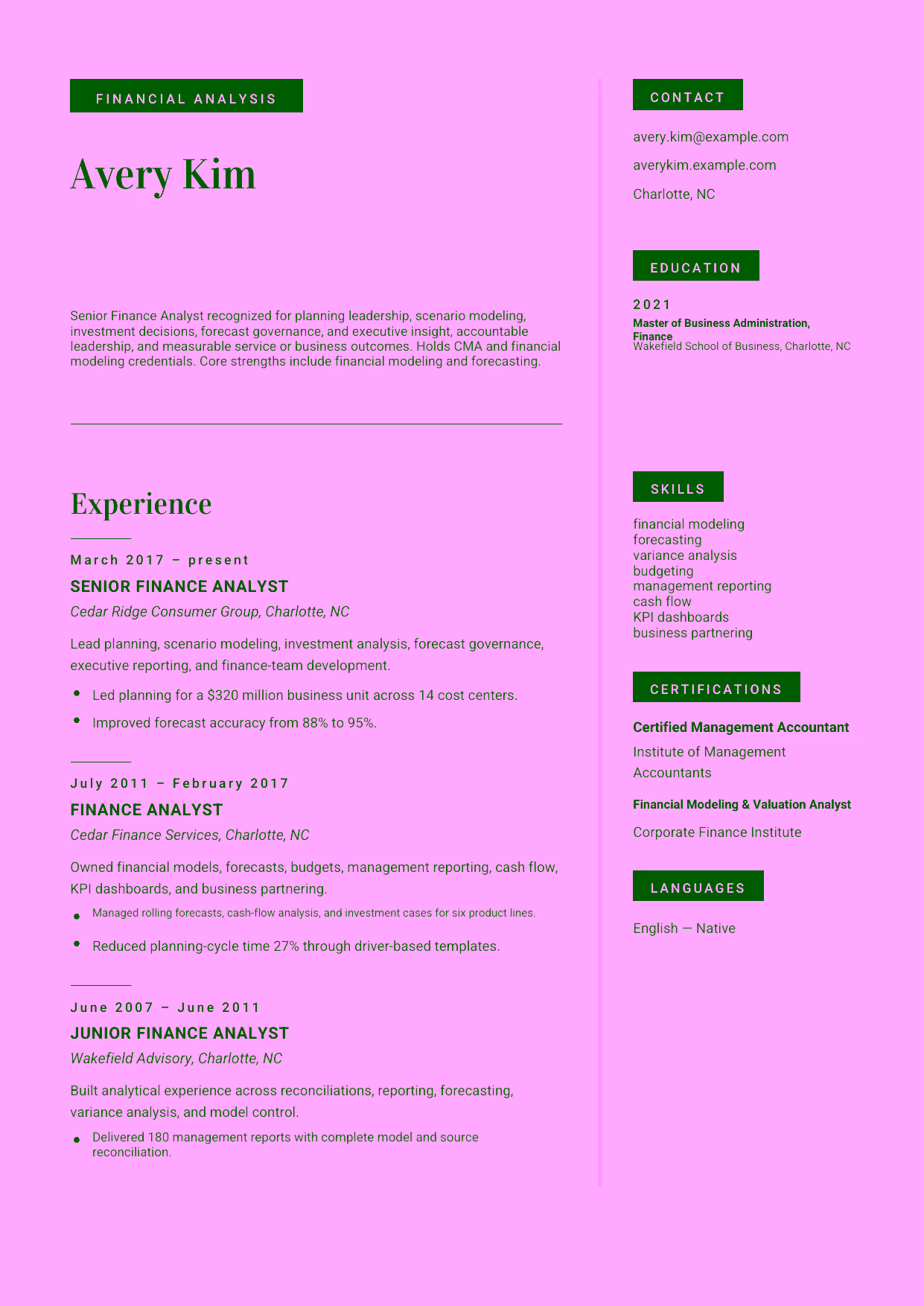 Advanced Senior Finance Analyst resume example in the Aquila template focused on planning leadership, scenario modeling, investment decisions, forecast governance, and executive insight.