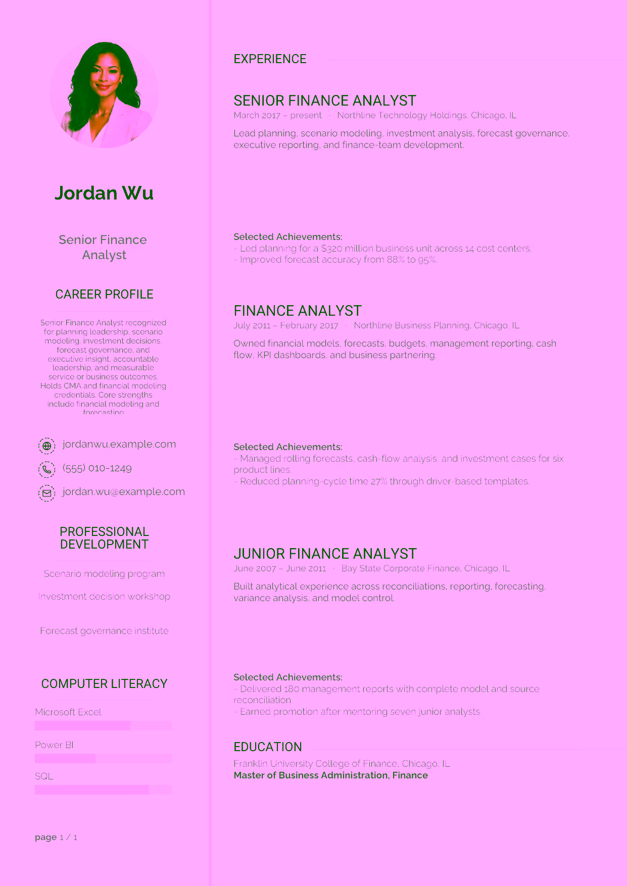 Advanced Senior Finance Analyst resume example in the Synnove template focused on planning leadership, scenario modeling, investment decisions, forecast governance, and executive insight.