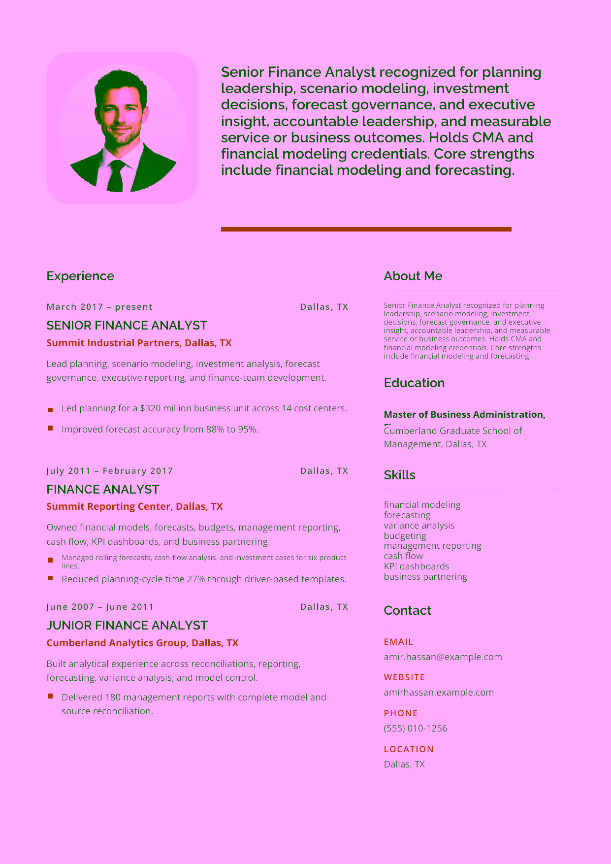 Advanced Senior Finance Analyst resume example in the Andromeda template focused on planning leadership, scenario modeling, investment decisions, forecast governance, and executive insight.