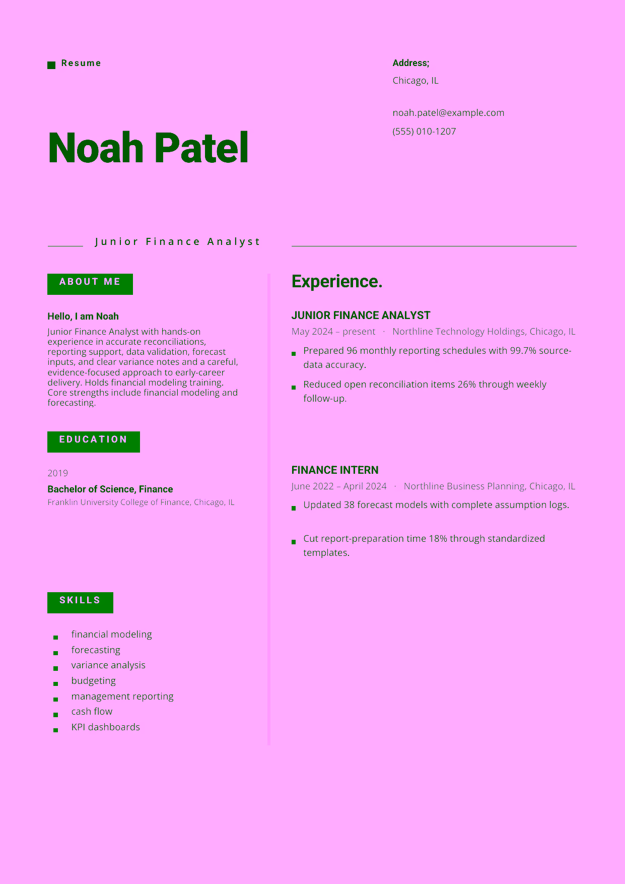 Entry-level Junior Finance Analyst resume example in the Indus template focused on accurate reconciliations, reporting support, data validation, forecast inputs, and clear variance notes.