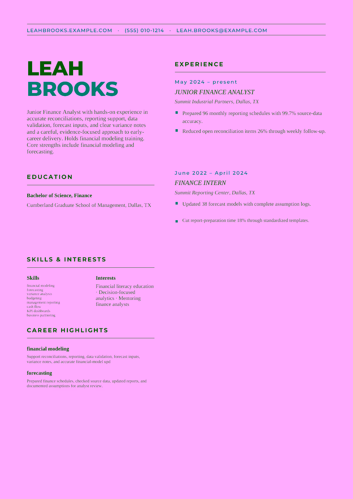 Entry-level Junior Finance Analyst resume example in the Bootes template focused on accurate reconciliations, reporting support, data validation, forecast inputs, and clear variance notes.